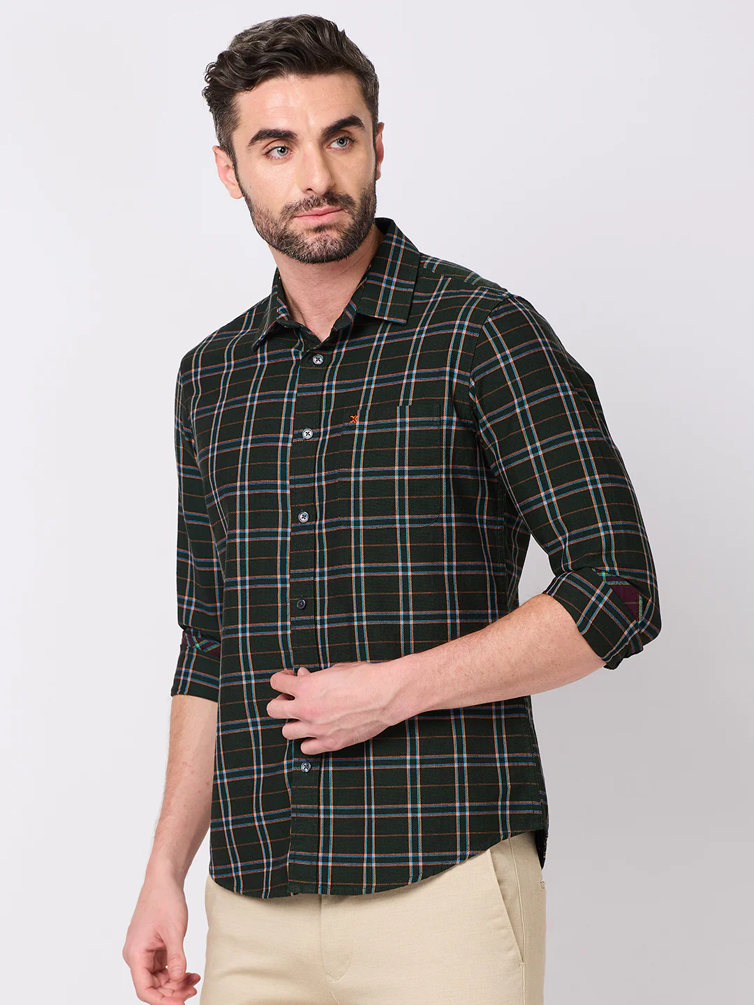 Full Sleeves Slim Fit Dark Green Mild Brushing Checks Shirt - Image 6