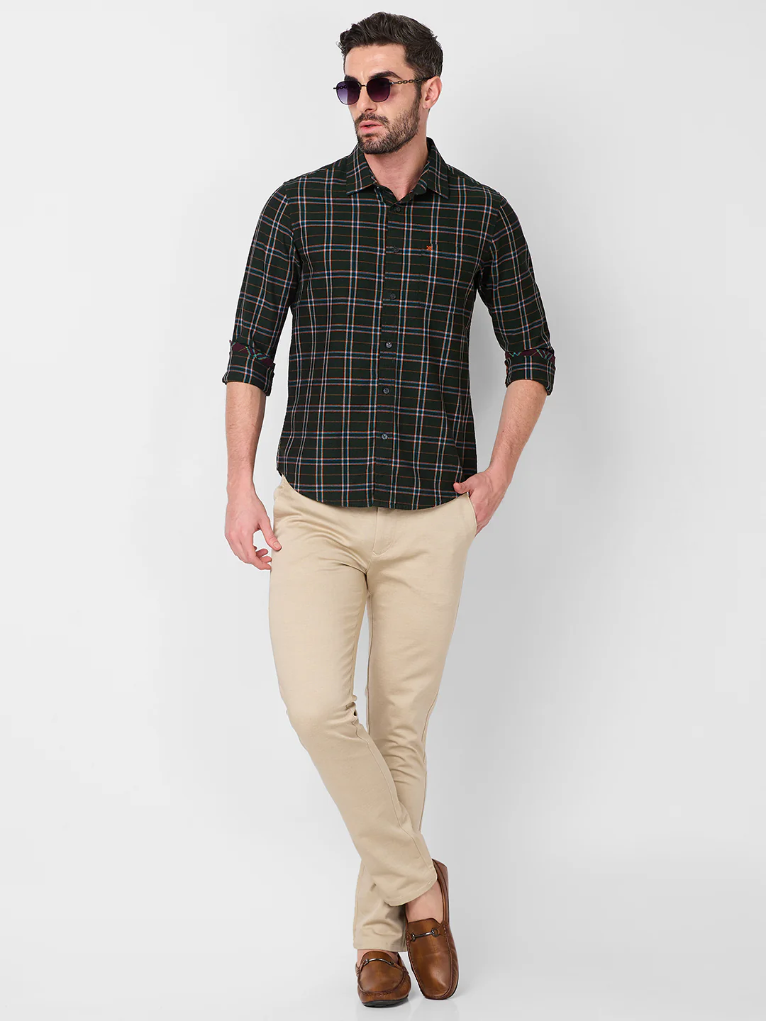 Full Sleeves Slim Fit Dark Green Mild Brushing Checks Shirt - Image 8