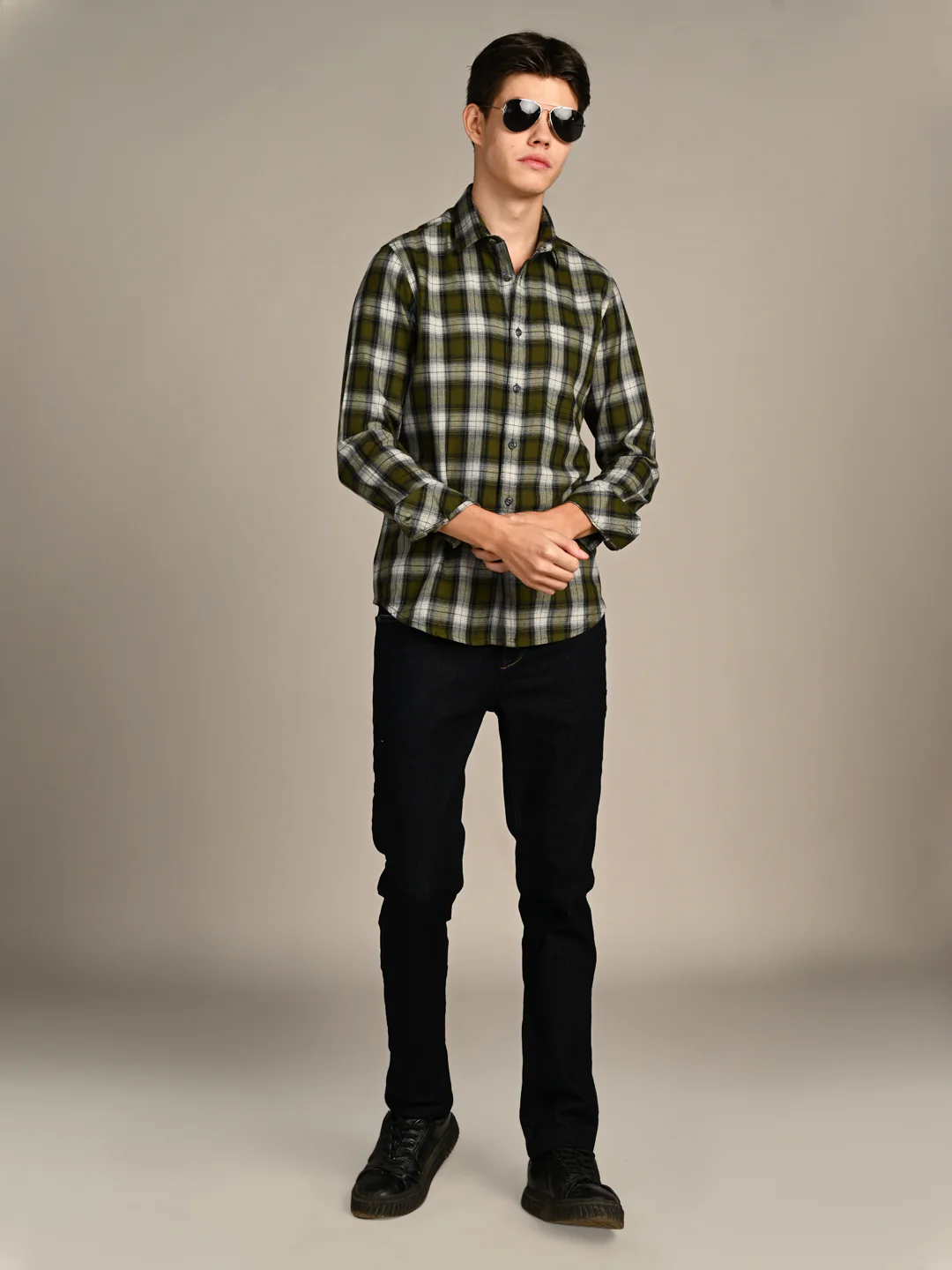 Full Sleeves Slim Fit Olive Mild Brushed Checks Shirt - Image 3