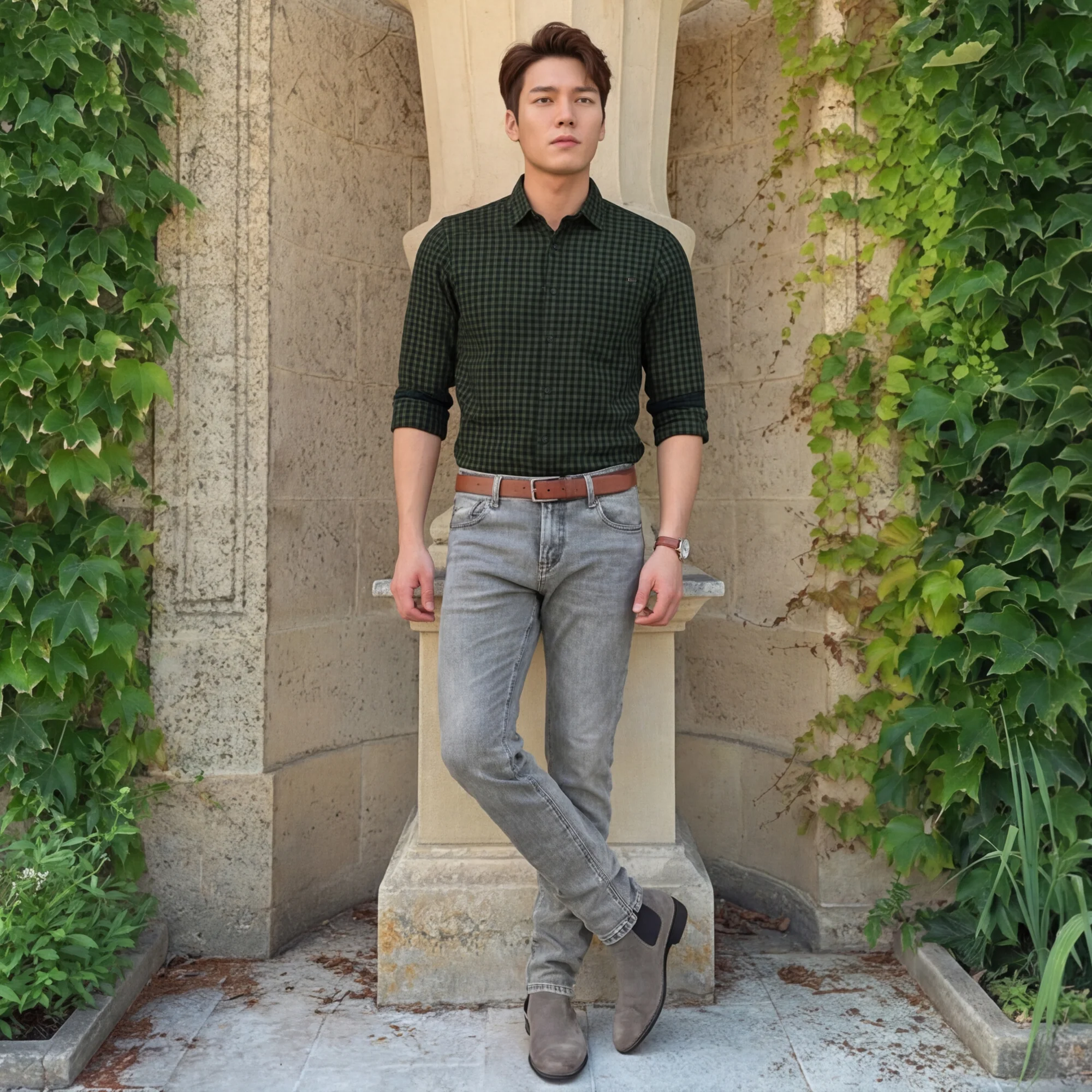 Full sleeves Slim Fit Olive Over-Dyed Gingham Checks Shirt