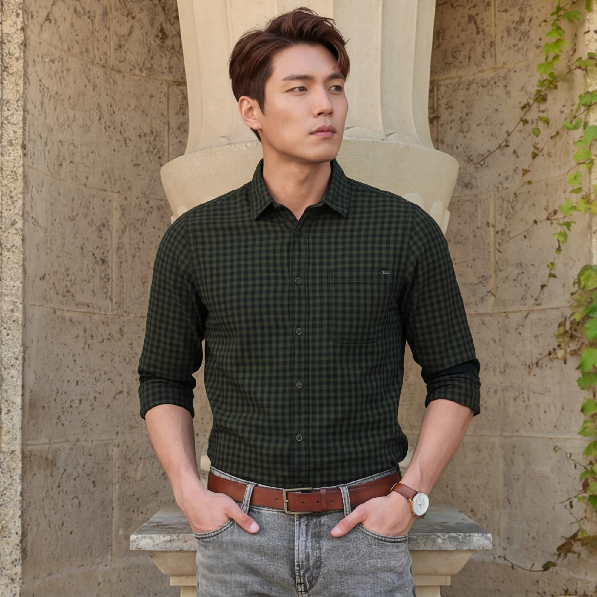 Full sleeves Slim Fit Olive Over-Dyed Gingham Checks Shirt - Image 2