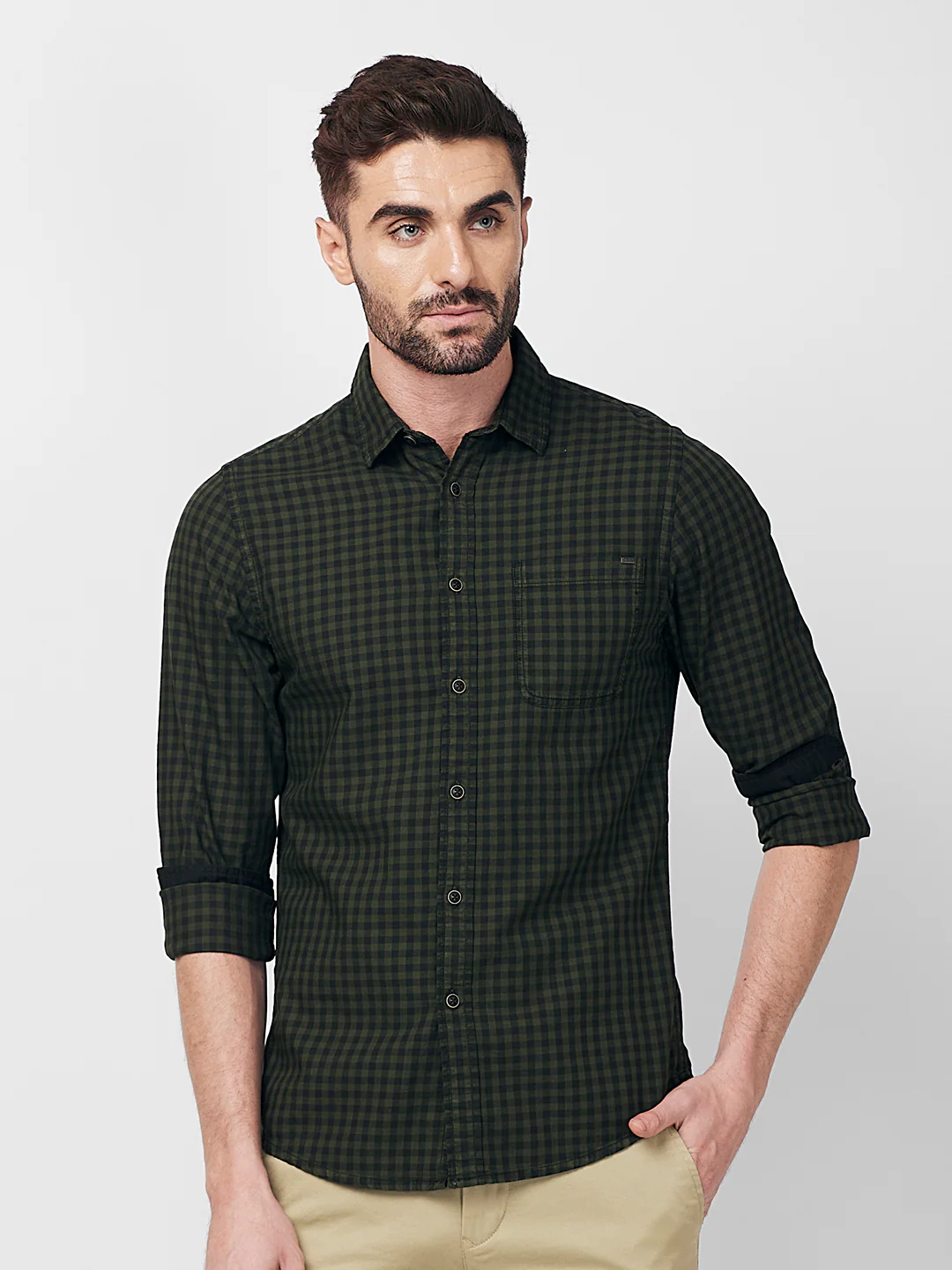 Full sleeves Slim Fit Olive Over-Dyed Gingham Checks Shirt - Image 3