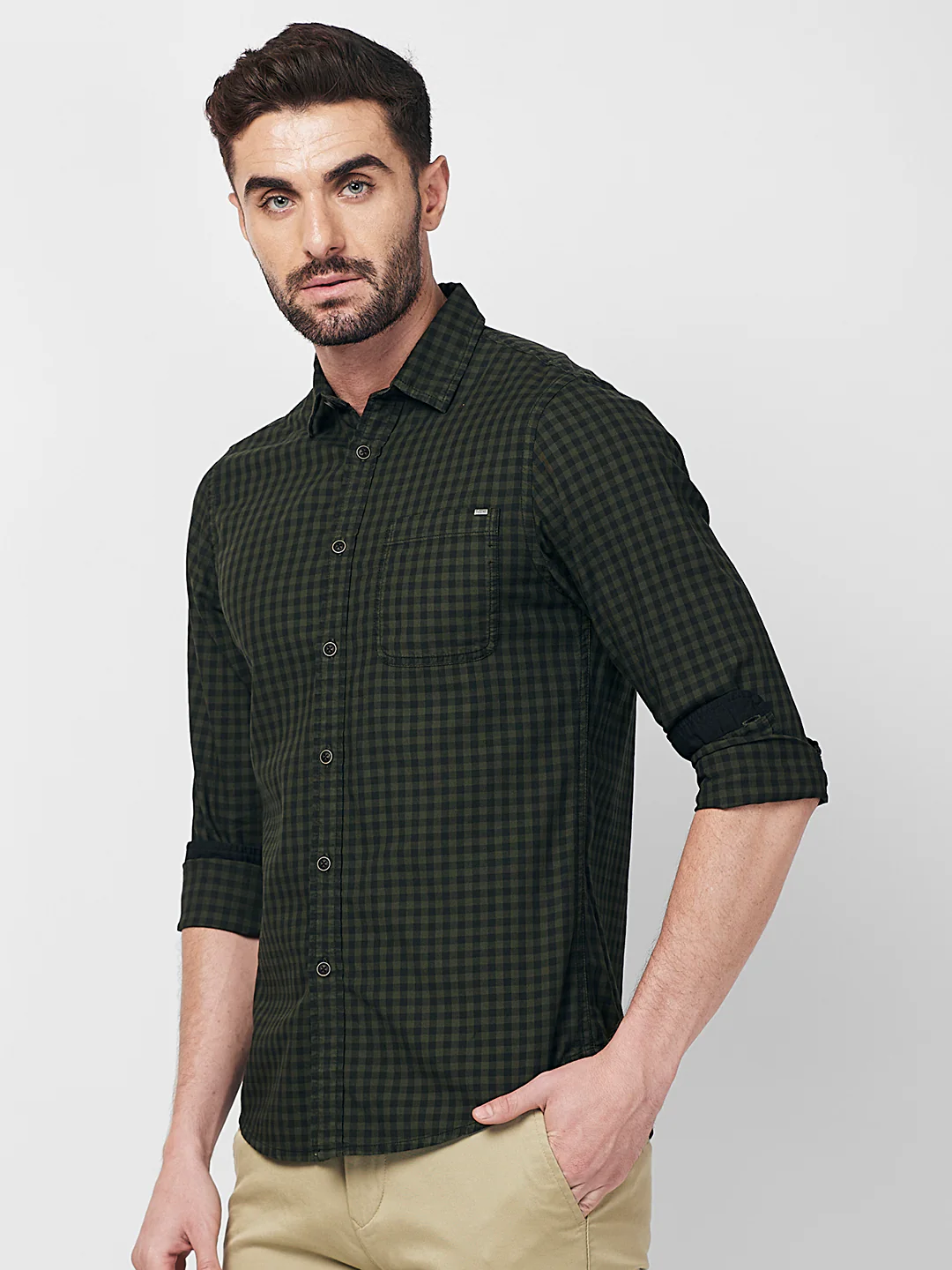 Full sleeves Slim Fit Olive Over-Dyed Gingham Checks Shirt - Image 4