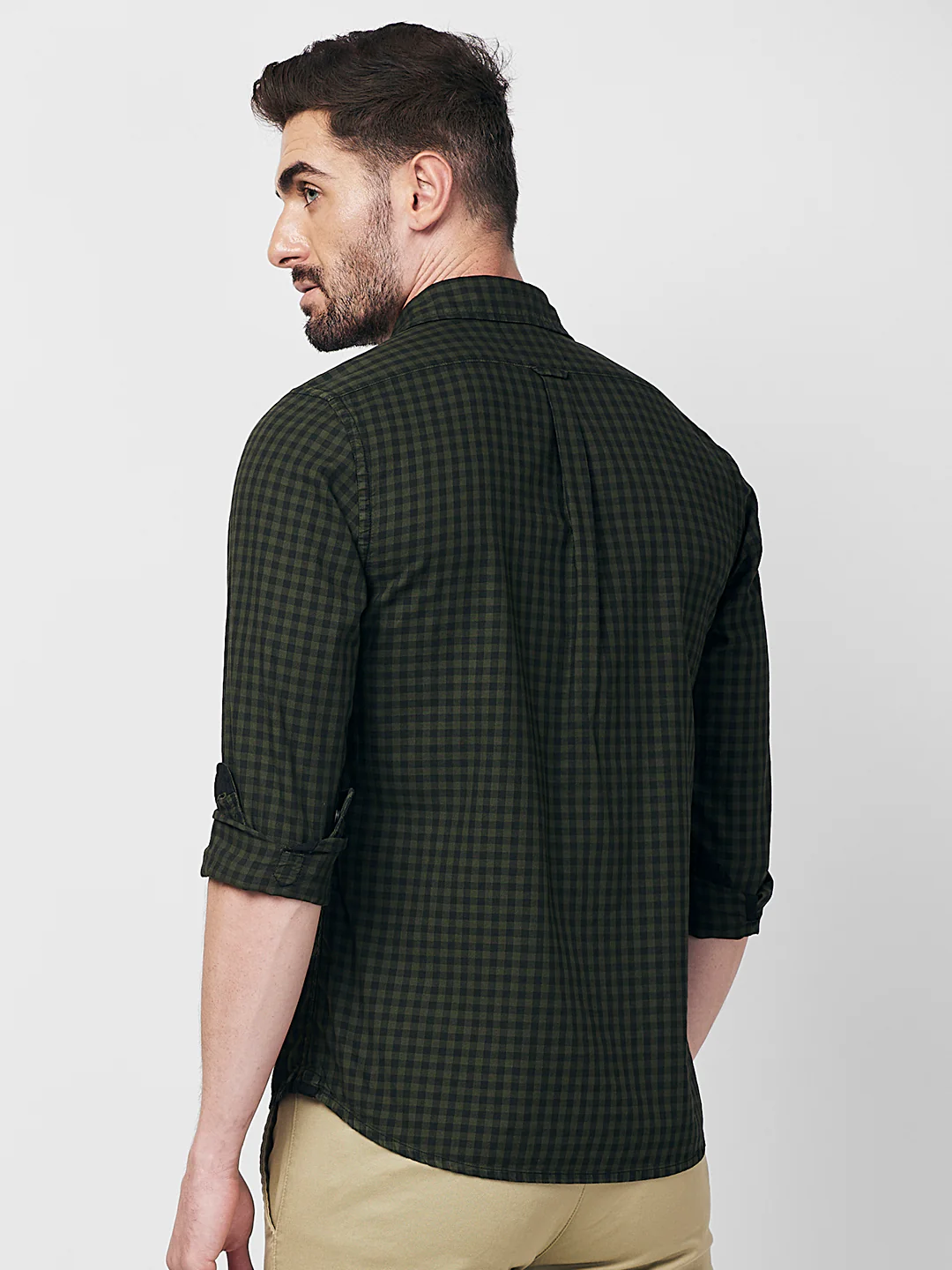 Full sleeves Slim Fit Olive Over-Dyed Gingham Checks Shirt - Image 5