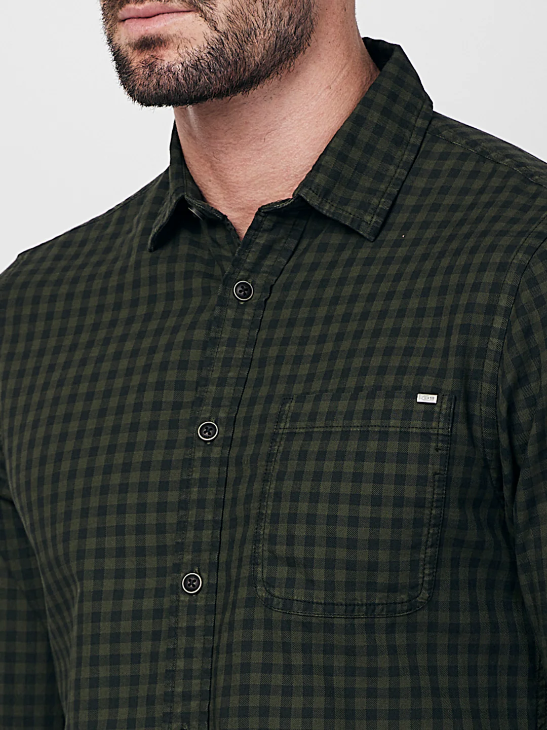 Full sleeves Slim Fit Olive Over-Dyed Gingham Checks Shirt - Image 6