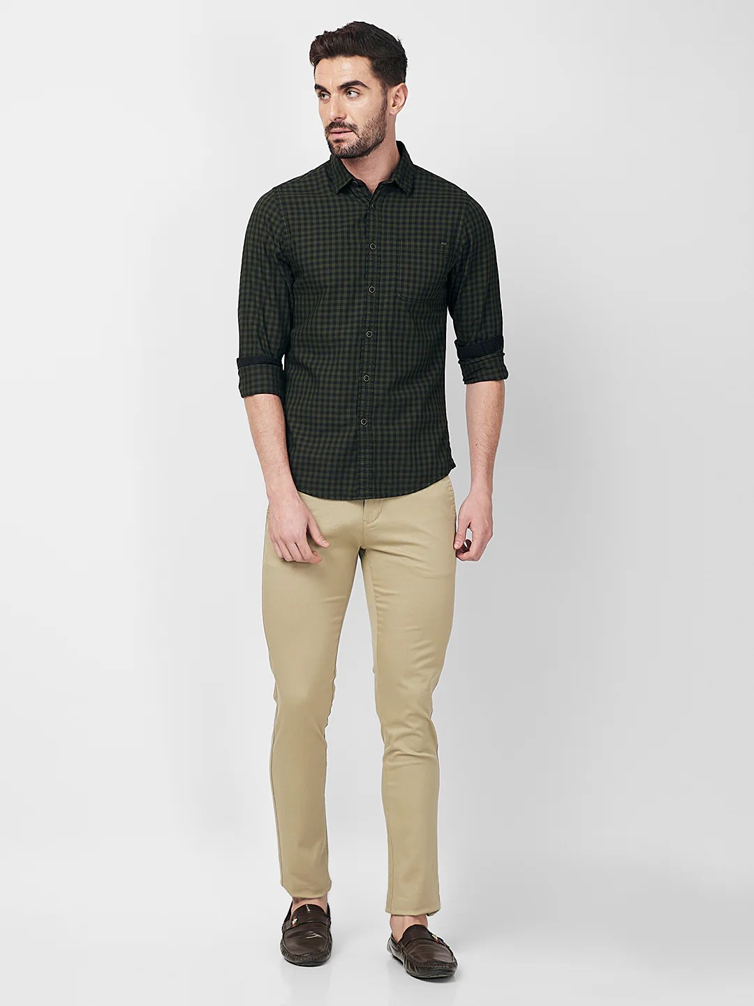 Full sleeves Slim Fit Olive Over-Dyed Gingham Checks Shirt - Image 7