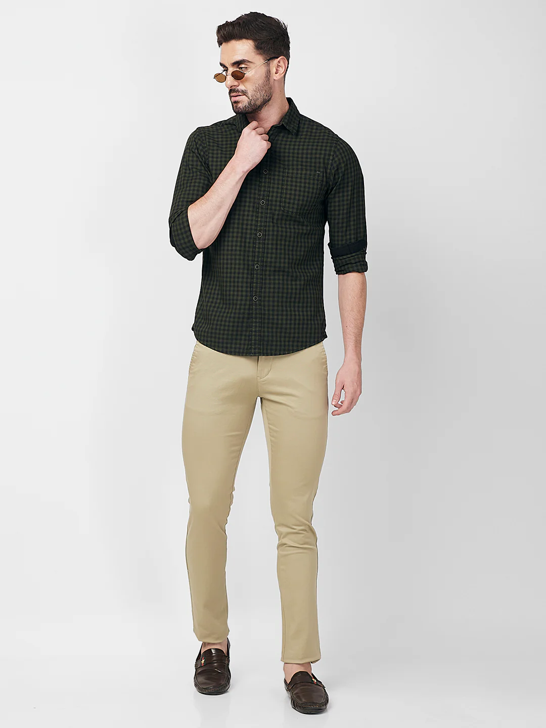 Full sleeves Slim Fit Olive Over-Dyed Gingham Checks Shirt - Image 8