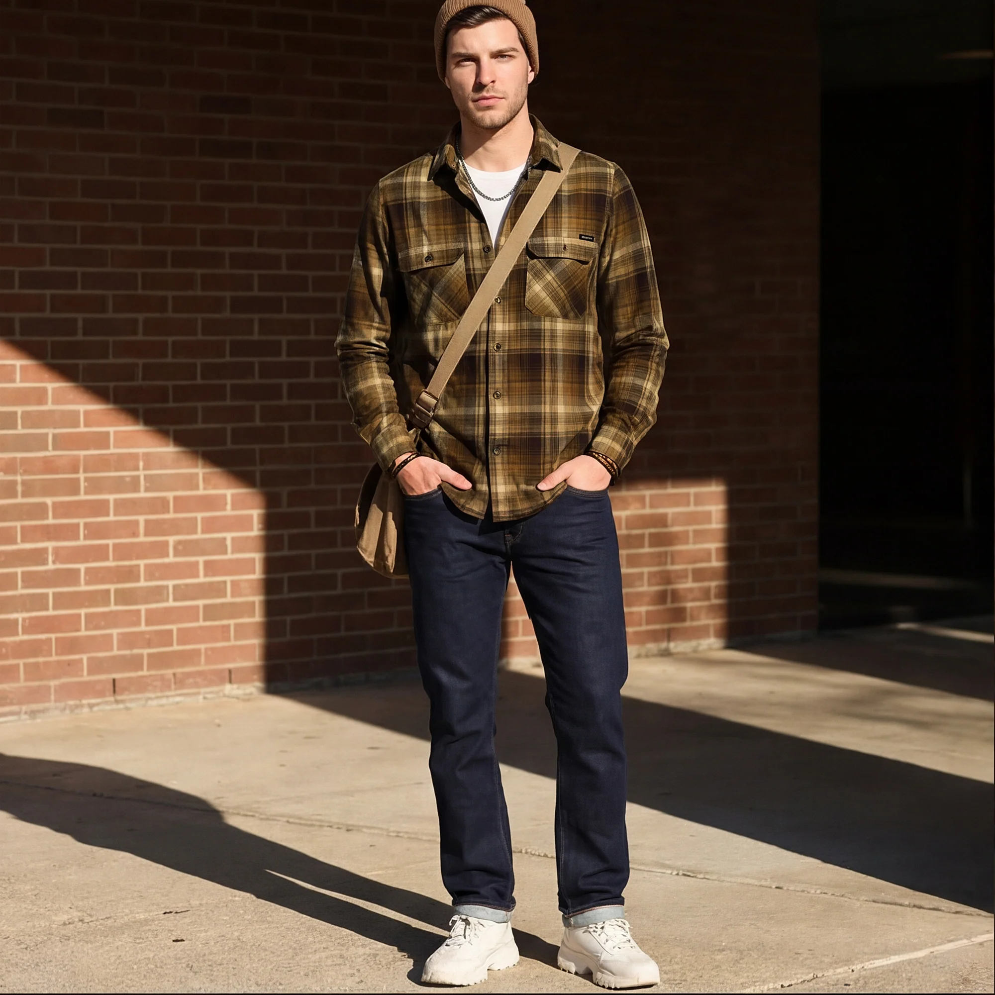 Full Sleeves Slim Fit Olive Double Pocket Brushed Checks Shirt
