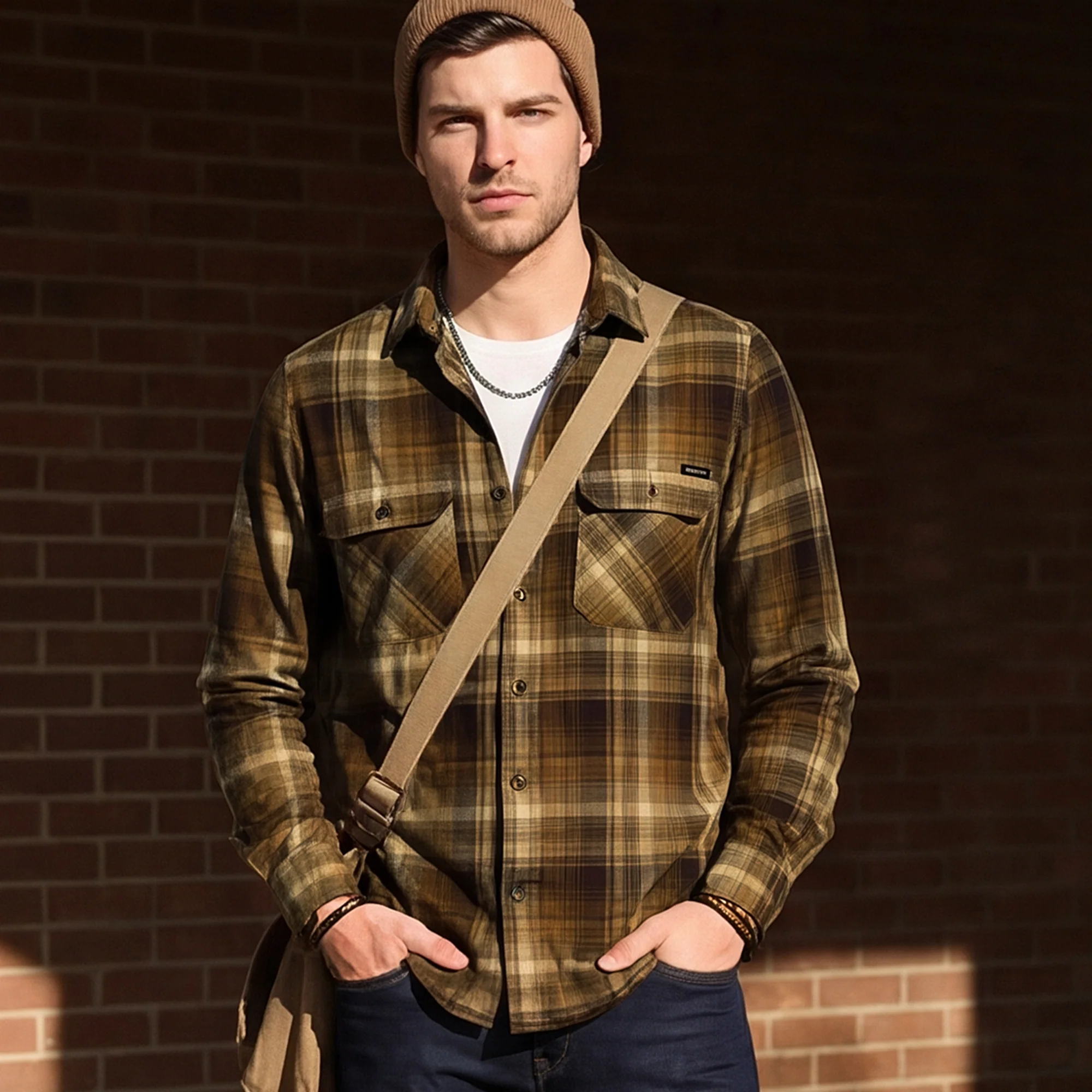 Full Sleeves Slim Fit Olive Double Pocket Brushed Checks Shirt - Image 2