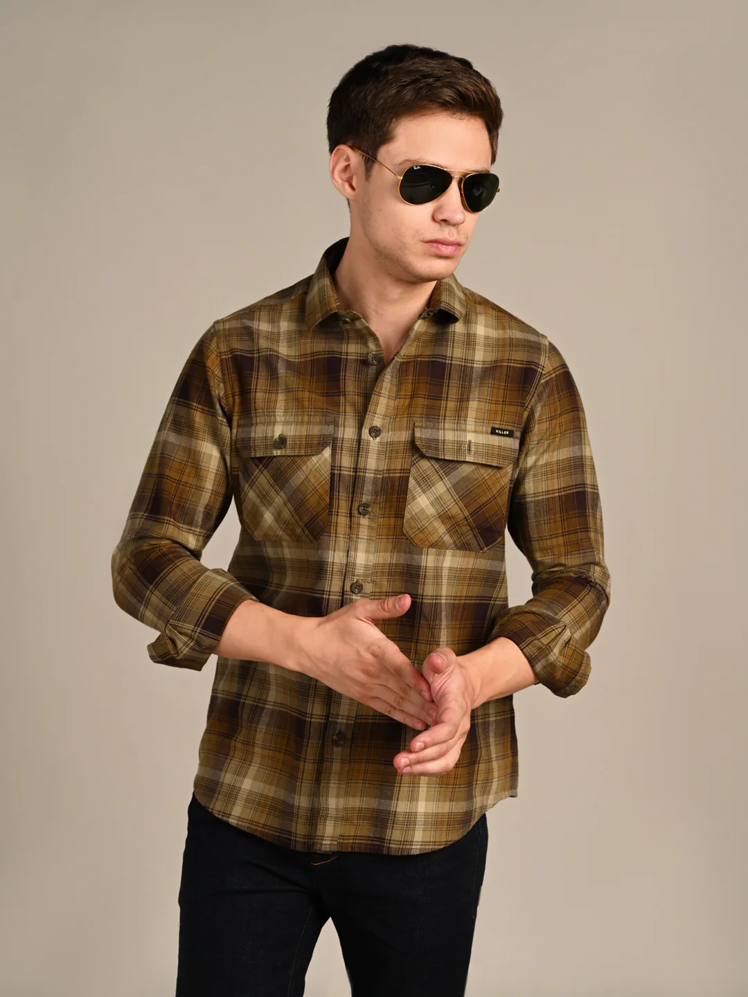 Full Sleeves Slim Fit Olive Double Pocket Brushed Checks Shirt - Image 3