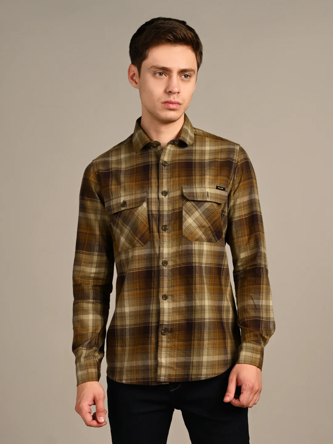 Full Sleeves Slim Fit Olive Double Pocket Brushed Checks Shirt - Image 4