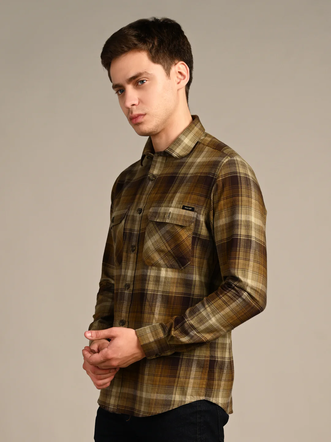 Full Sleeves Slim Fit Olive Double Pocket Brushed Checks Shirt - Image 5
