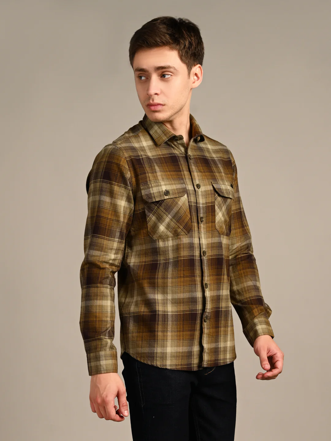 Full Sleeves Slim Fit Olive Double Pocket Brushed Checks Shirt - Image 6