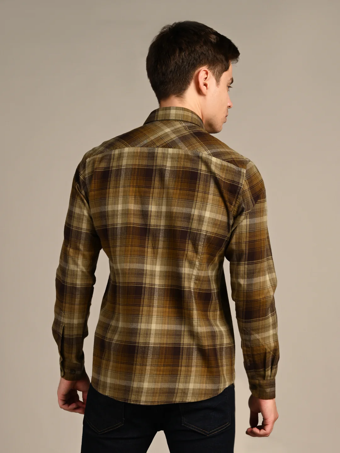 Full Sleeves Slim Fit Olive Double Pocket Brushed Checks Shirt - Image 7