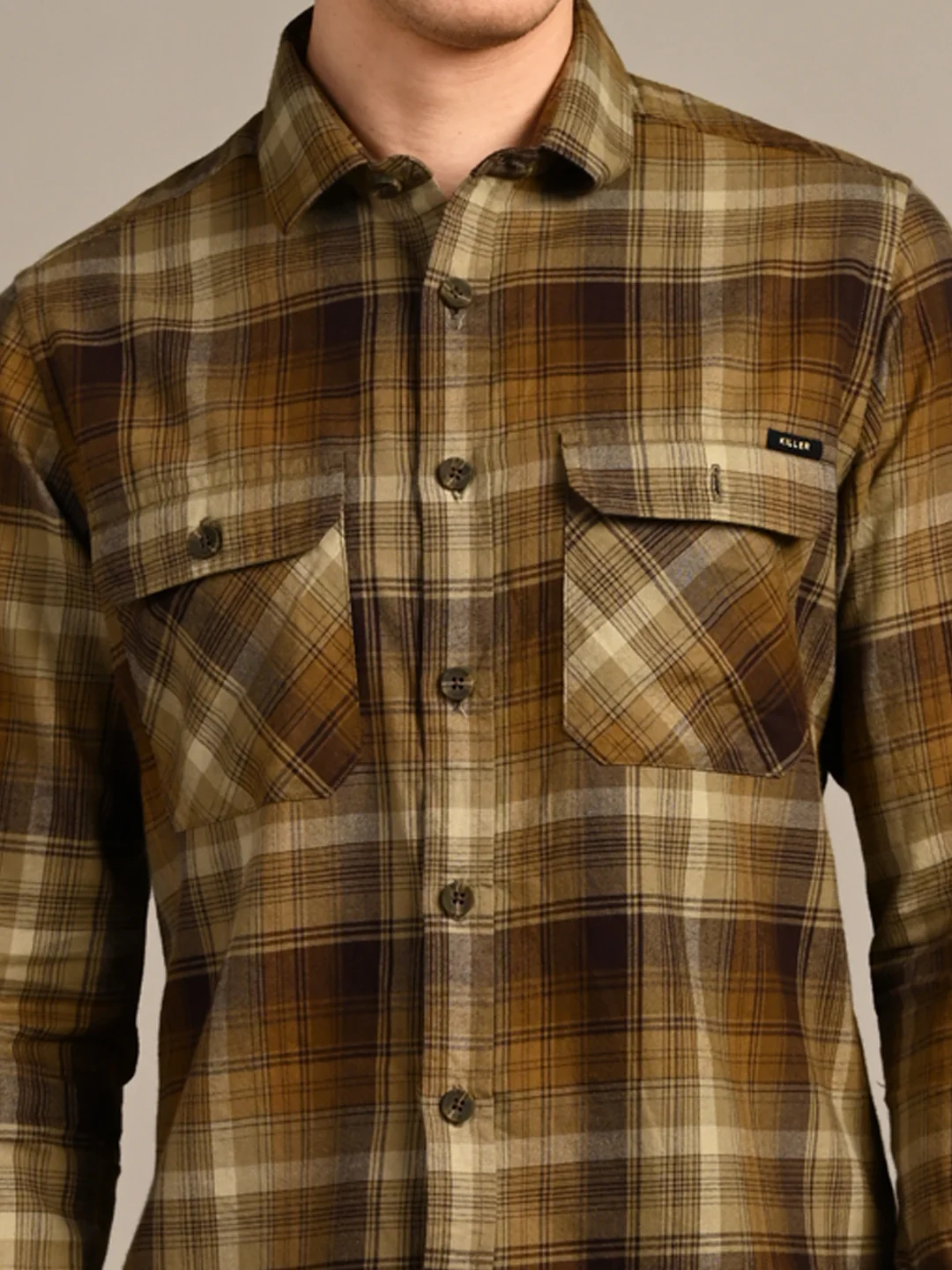 Full Sleeves Slim Fit Olive Double Pocket Brushed Checks Shirt - Image 8