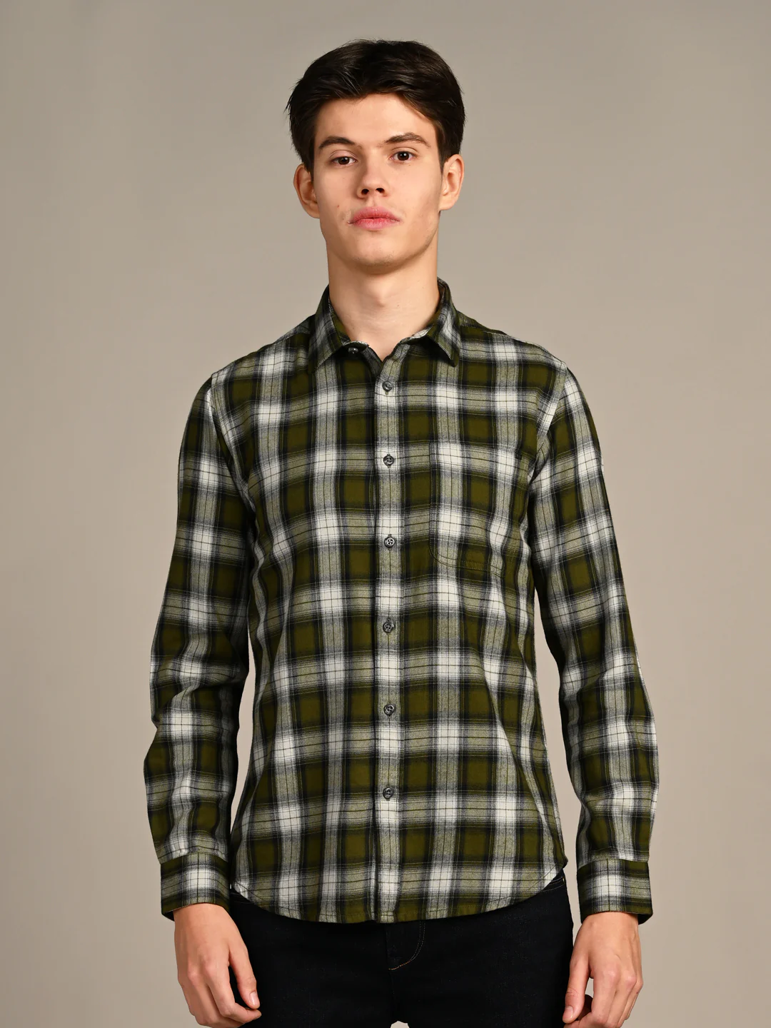 Full Sleeves Slim Fit Olive Mild Brushed Checks Shirt - Image 4