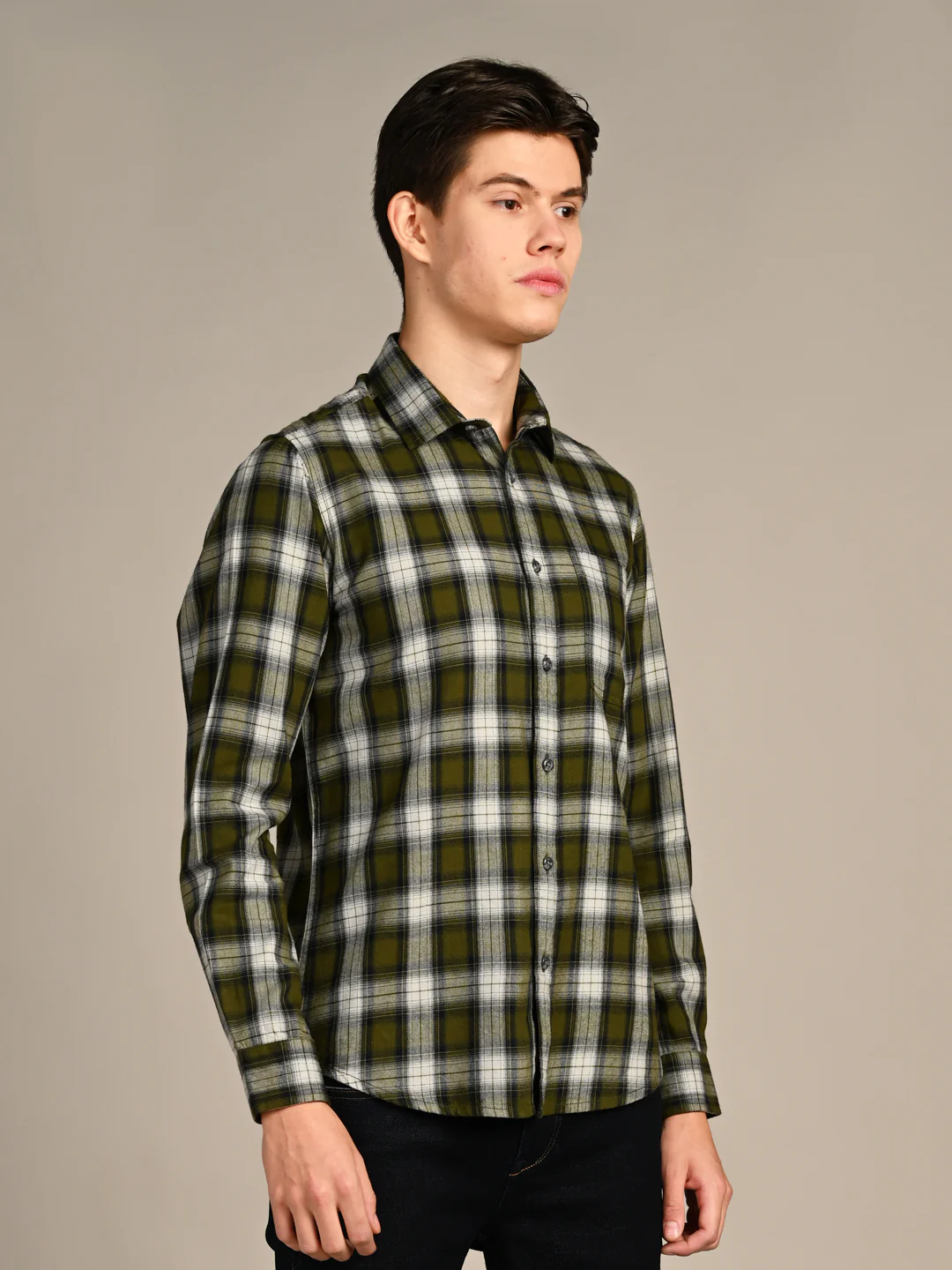 Full Sleeves Slim Fit Olive Mild Brushed Checks Shirt - Image 5