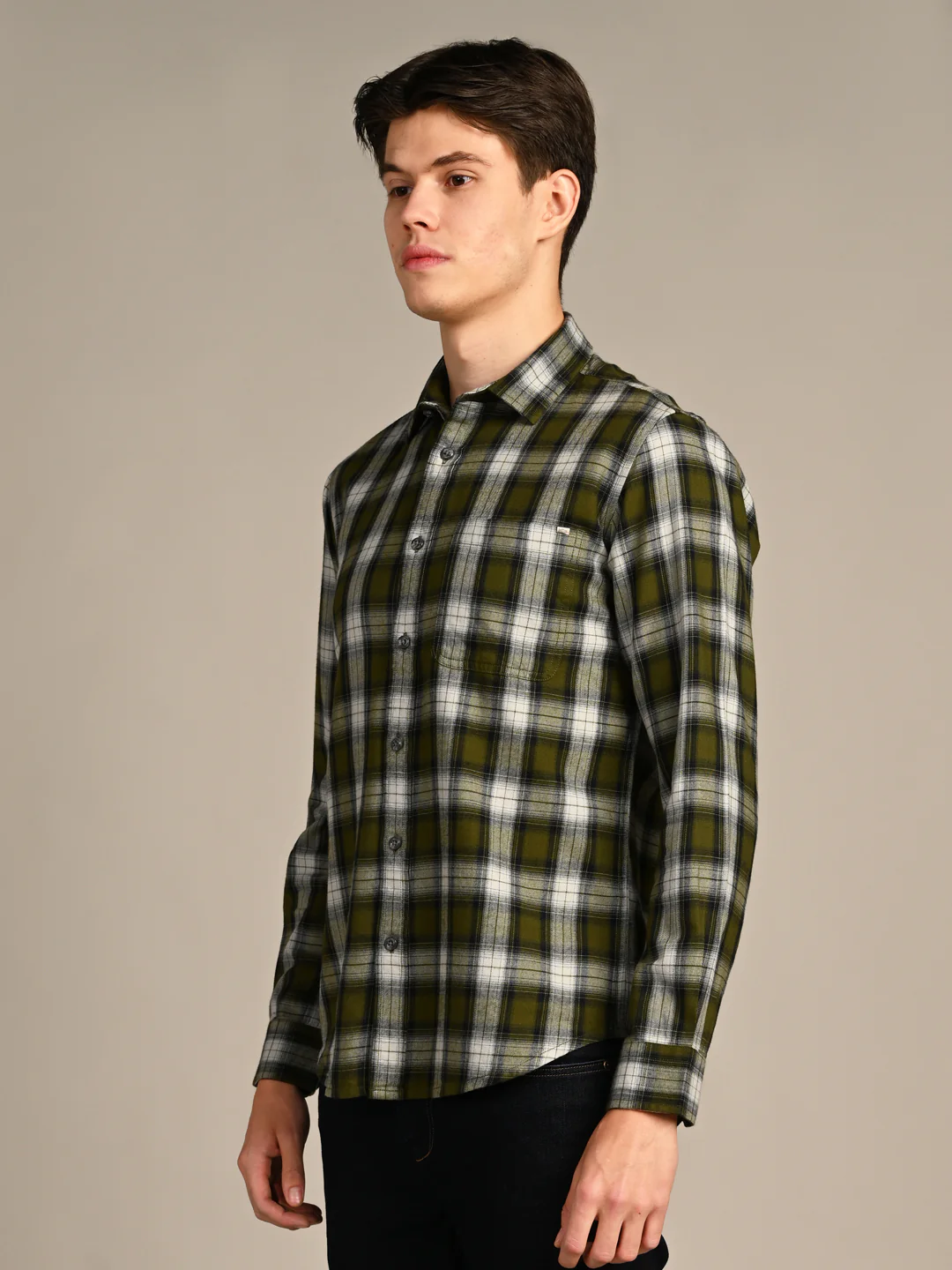 Full Sleeves Slim Fit Olive Mild Brushed Checks Shirt - Image 6