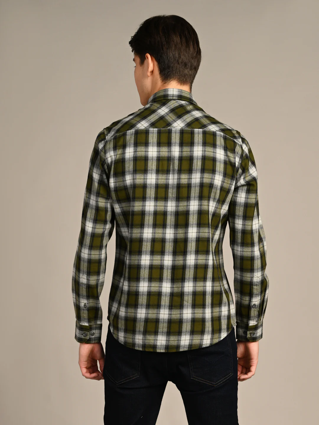 Full Sleeves Slim Fit Olive Mild Brushed Checks Shirt - Image 7