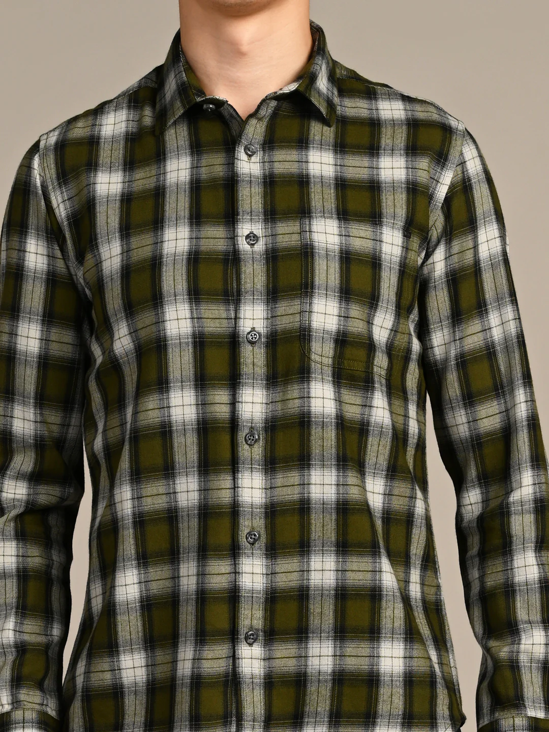 Full Sleeves Slim Fit Olive Mild Brushed Checks Shirt - Image 8