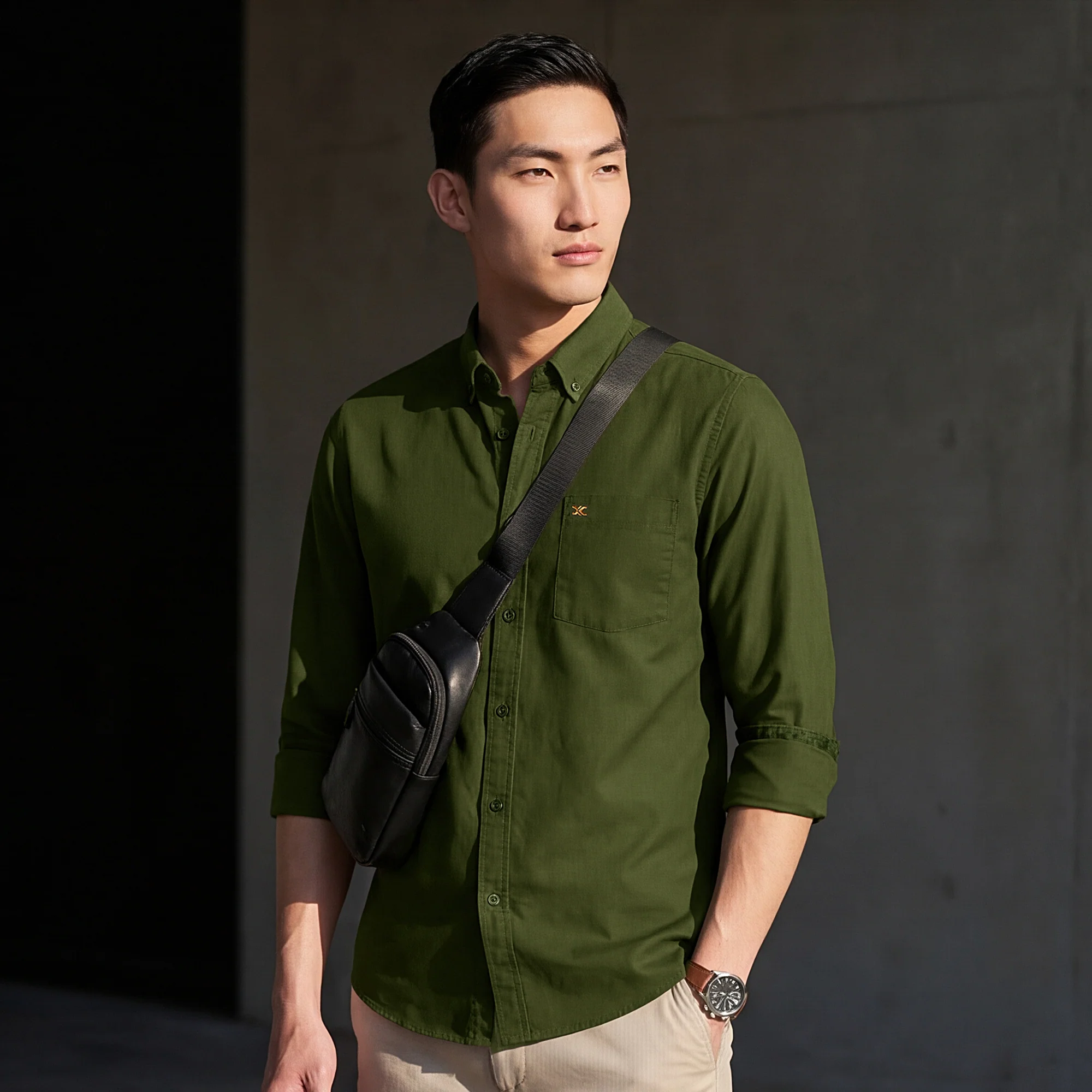 Full Sleeves Slim Fit Olive Button-Down Oxford Solid Shirt - Image 2