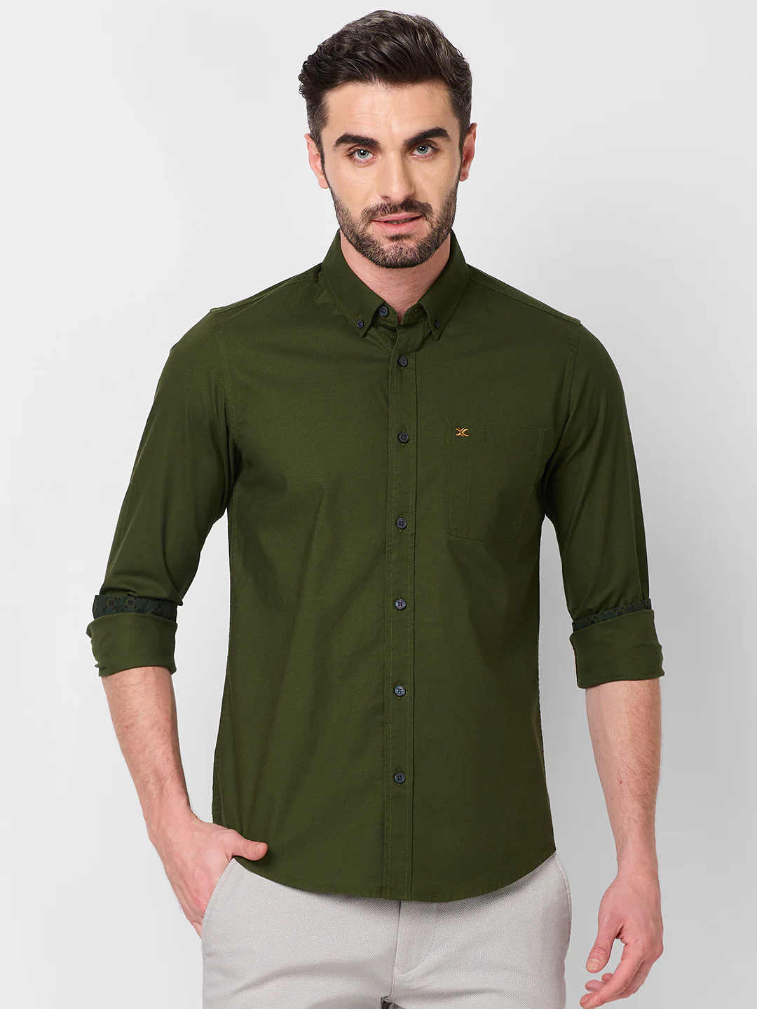 Full Sleeves Slim Fit Olive Button-Down Oxford Solid Shirt - Image 3