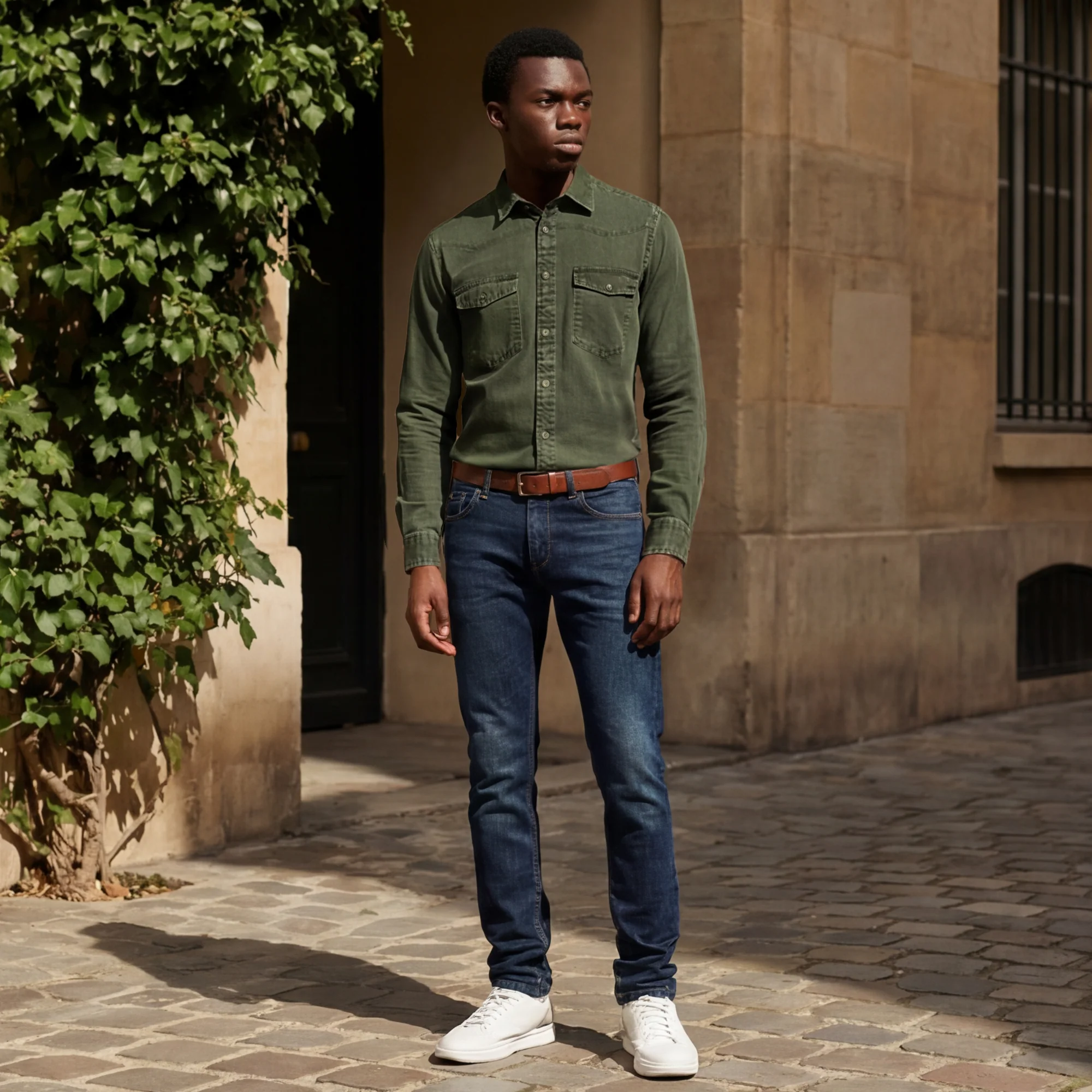 Full Sleeves Slim Fit Olive washed Double Pocket Color Denim Solid Shirt