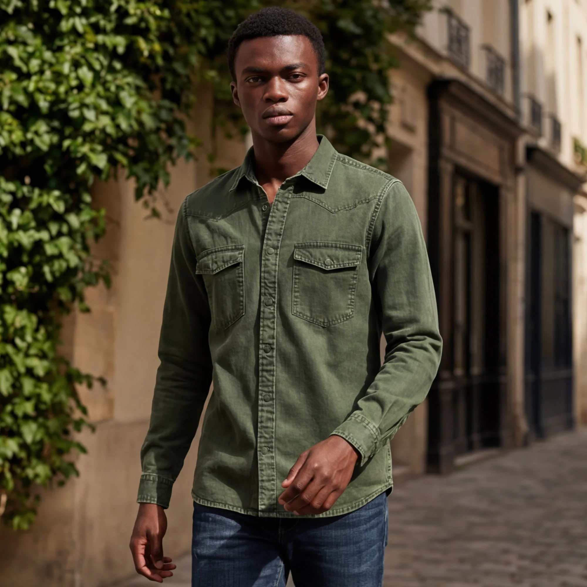 Full Sleeves Slim Fit Olive washed Double Pocket Color Denim Solid Shirt - Image 2
