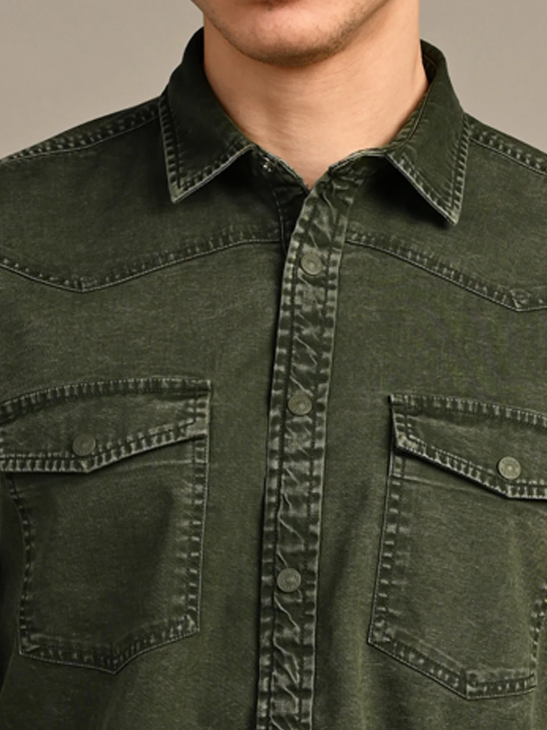 Full Sleeves Slim Fit Olive washed Double Pocket Color Denim Solid Shirt - Image 8