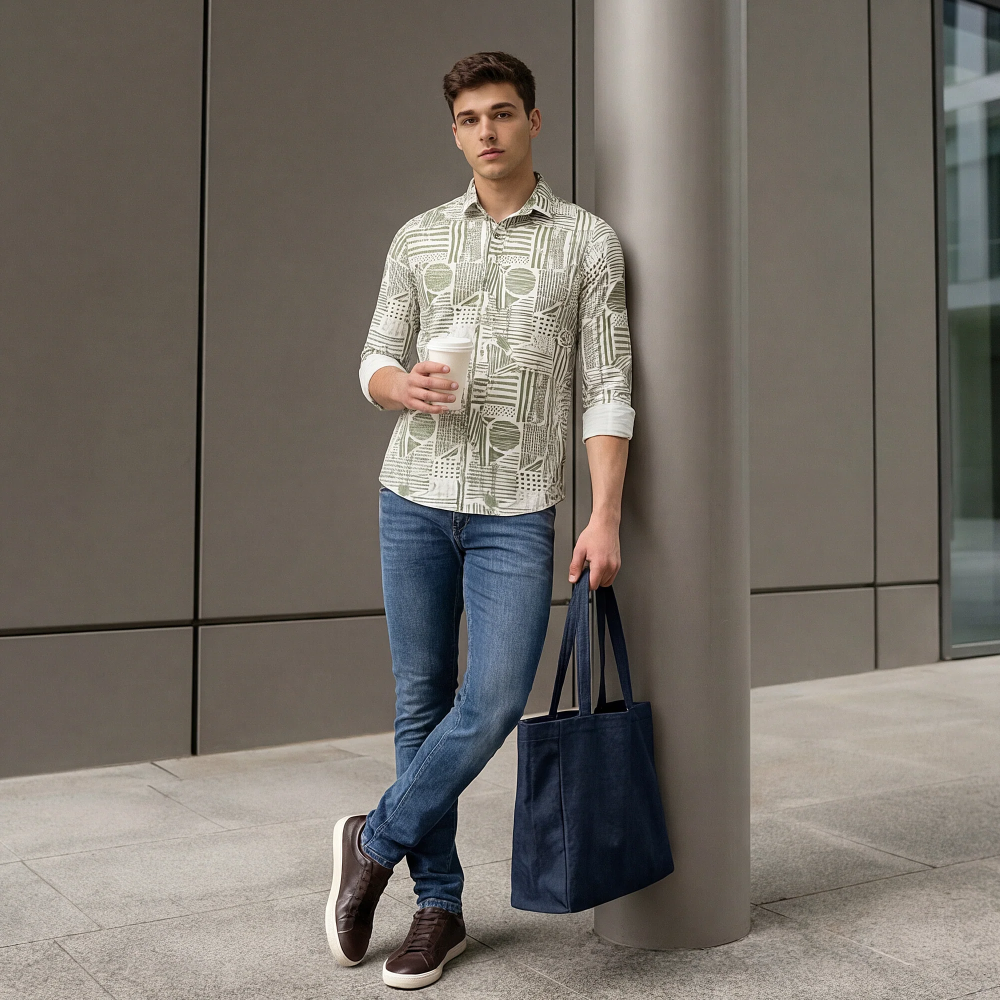 Full Sleeves Slim Fit Olive all-over Abstract Geometric print Shirt