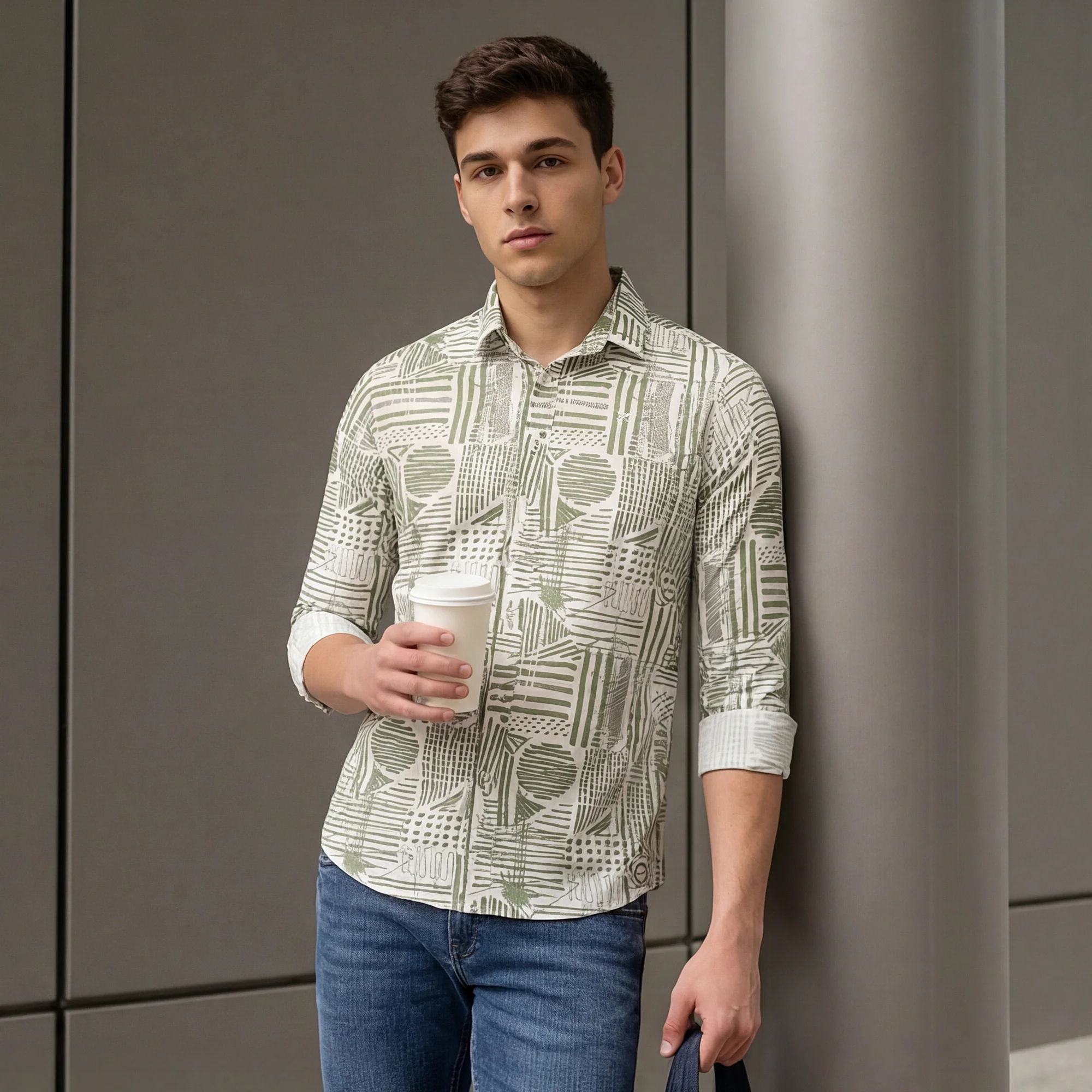 Full Sleeves Slim Fit Olive all-over Abstract Geometric print Shirt - Image 2