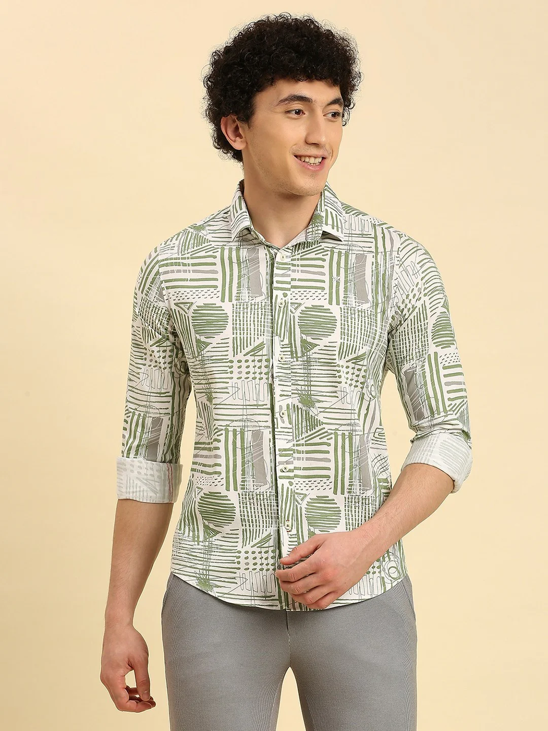 Full Sleeves Slim Fit Olive all-over Abstract Geometric print Shirt - Image 3
