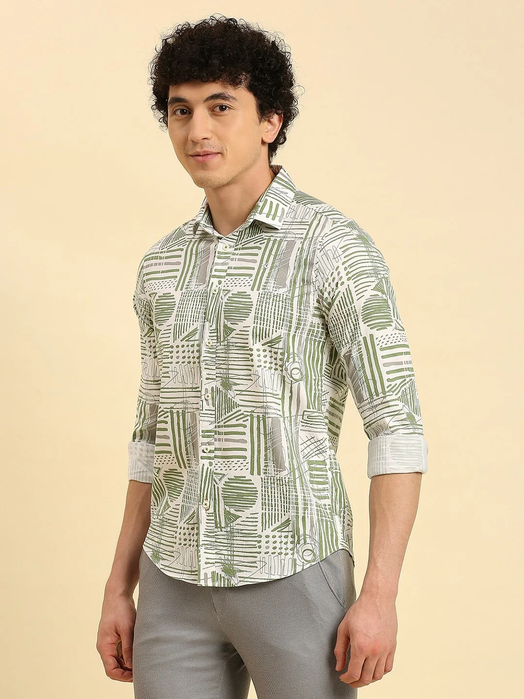 Full Sleeves Slim Fit Olive all-over Abstract Geometric print Shirt - Image 4