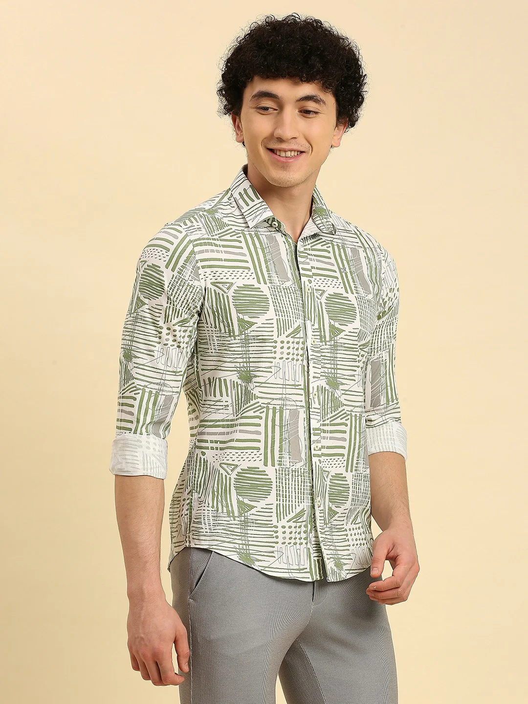 Full Sleeves Slim Fit Olive all-over Abstract Geometric print Shirt - Image 5