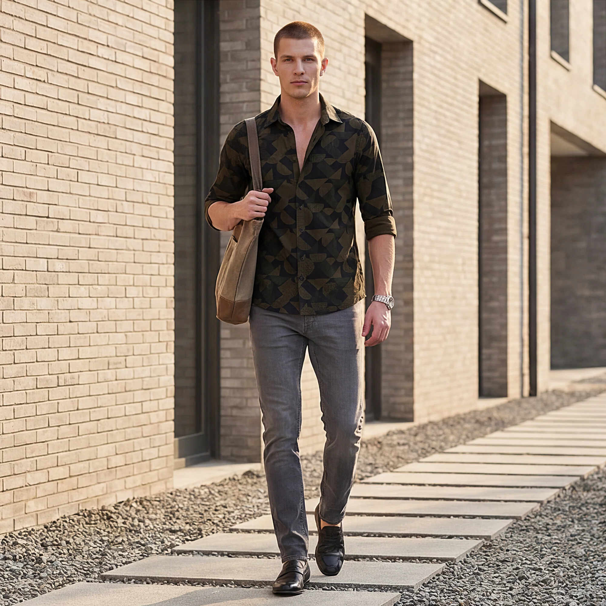 Full sleeves Slim Fit Olive Angular Shapes Print Shirt