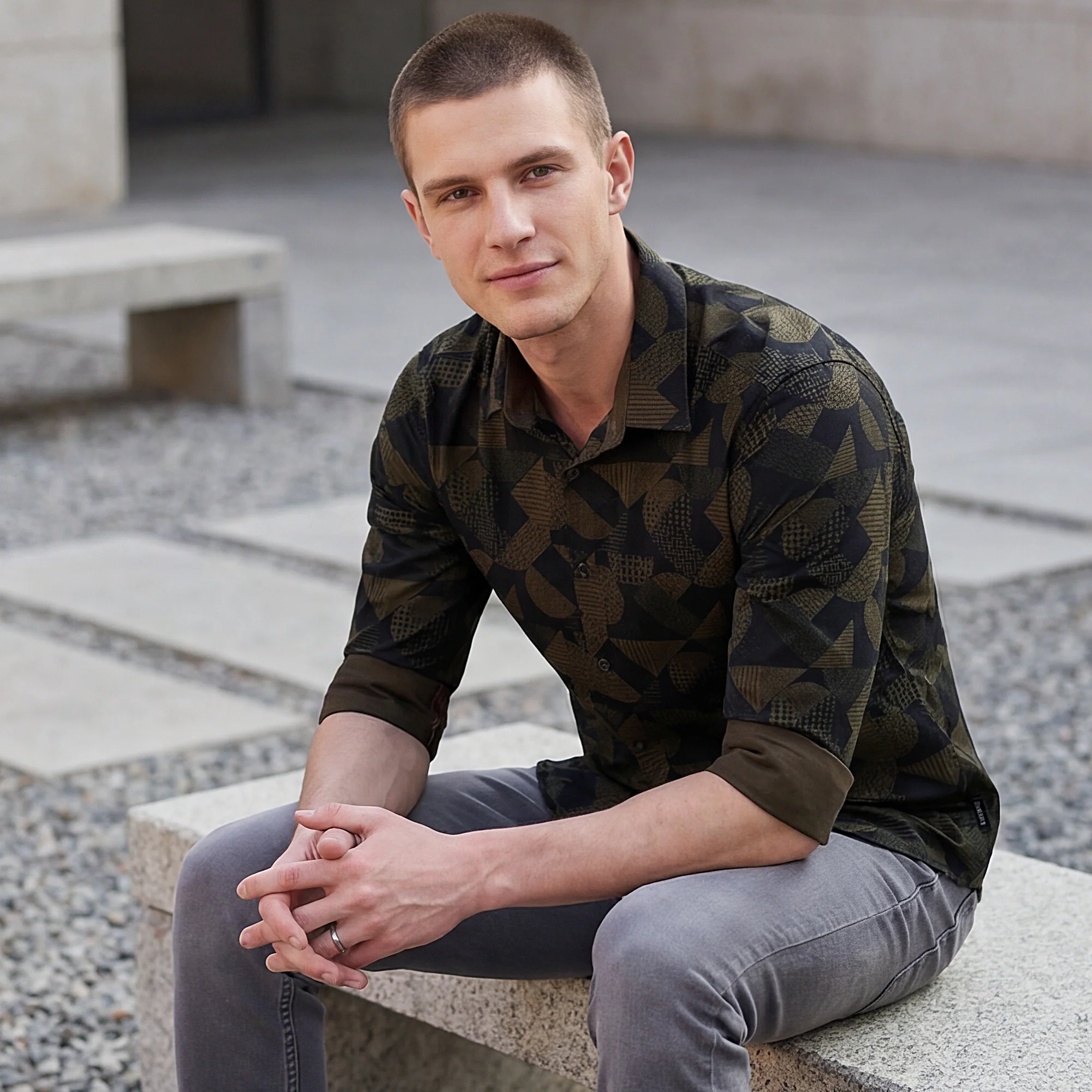 Full sleeves Slim Fit Olive Angular Shapes Print Shirt - Image 2