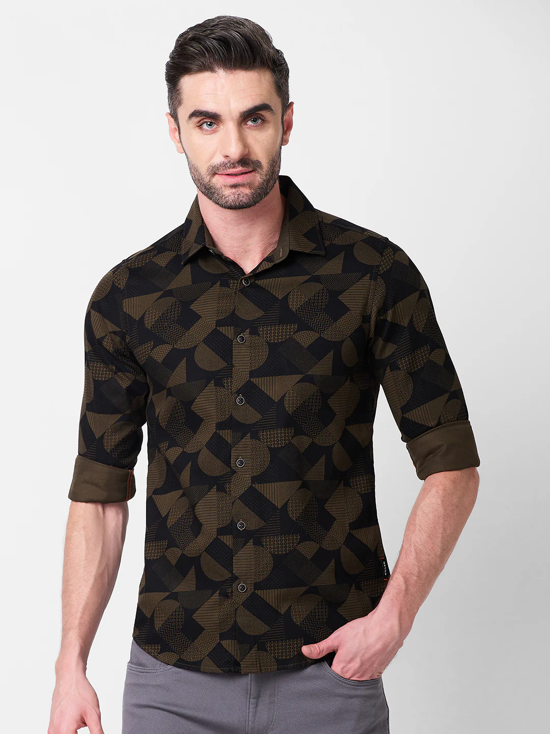 Full sleeves Slim Fit Olive Angular Shapes Print Shirt - Image 3