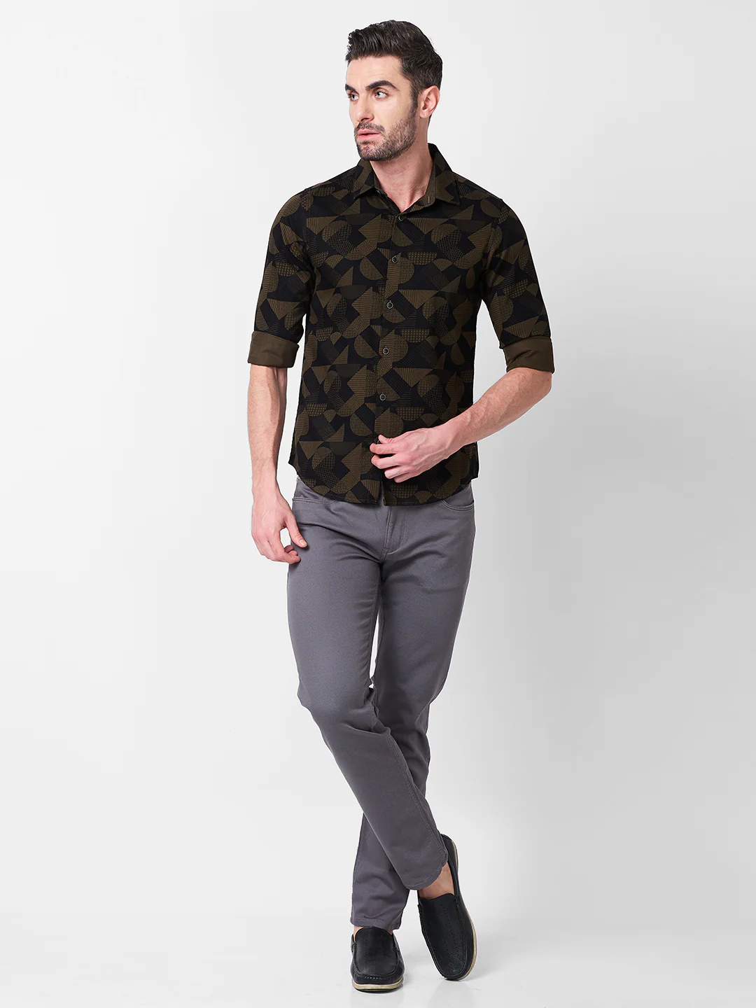 Full sleeves Slim Fit Olive Angular Shapes Print Shirt - Image 4