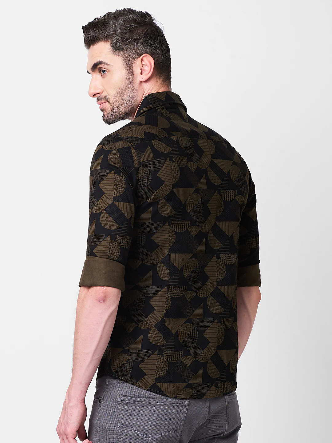Full sleeves Slim Fit Olive Angular Shapes Print Shirt - Image 5