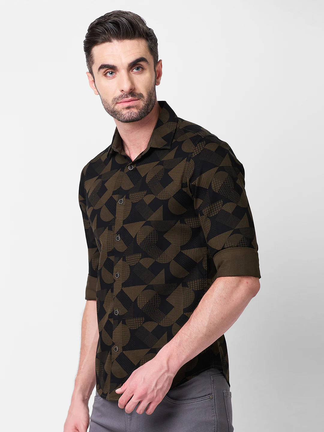 Full sleeves Slim Fit Olive Angular Shapes Print Shirt - Image 6