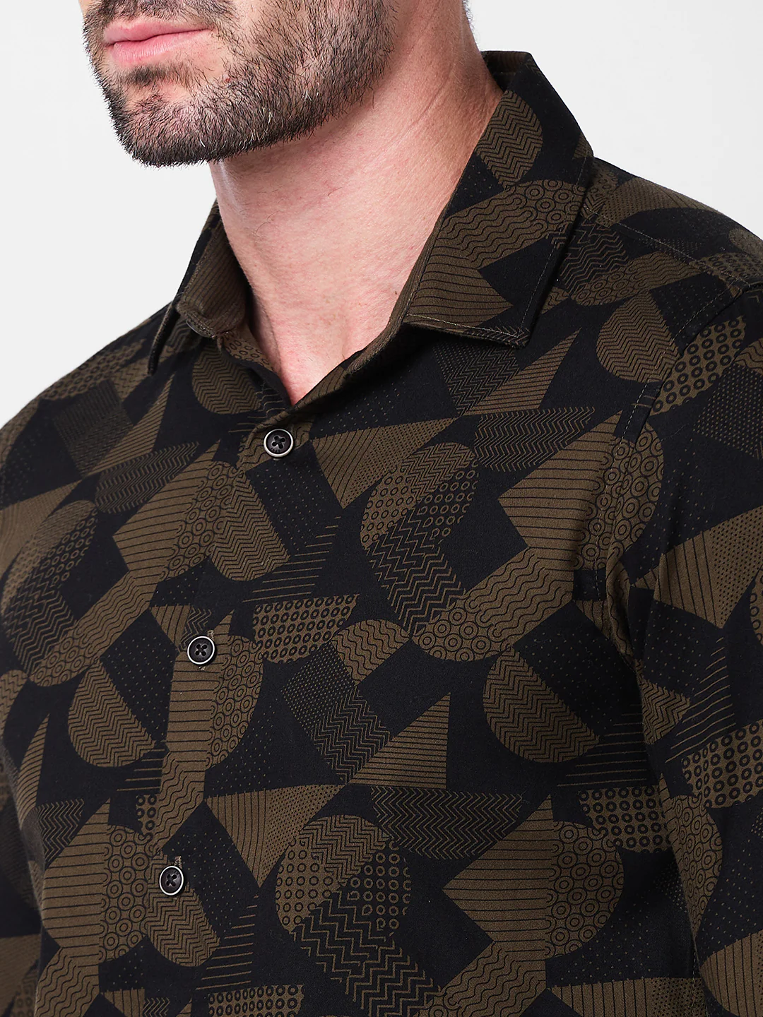 Full sleeves Slim Fit Olive Angular Shapes Print Shirt - Image 7