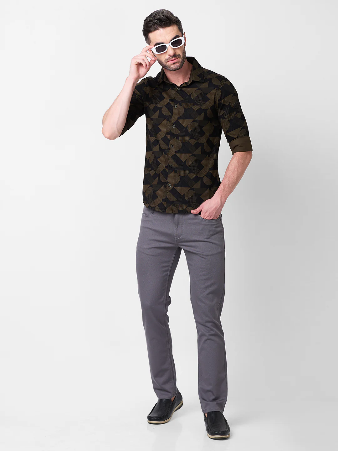 Full sleeves Slim Fit Olive Angular Shapes Print Shirt - Image 8