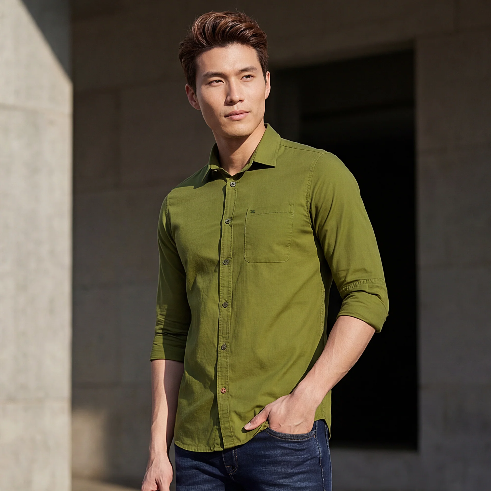 Full sleeves Slim Fit Olive Cambric Solid Shirt - Image 2