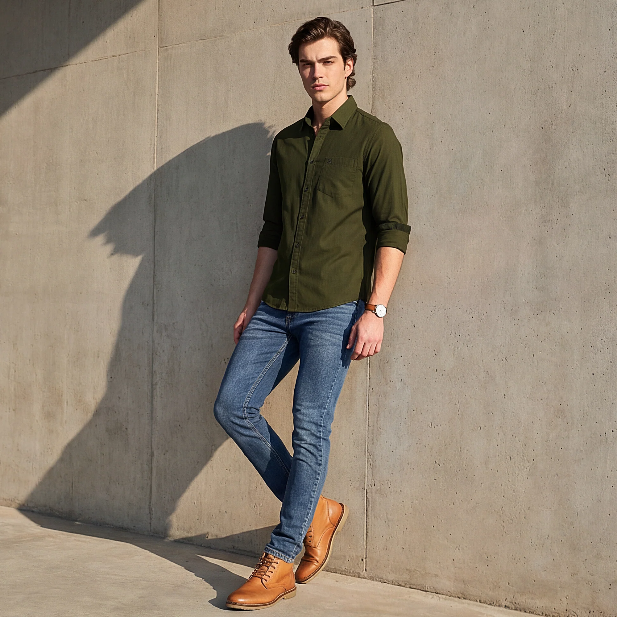 Full Sleeves Slim Fit Olive Dobby Structure Button-Down Solid Shirt