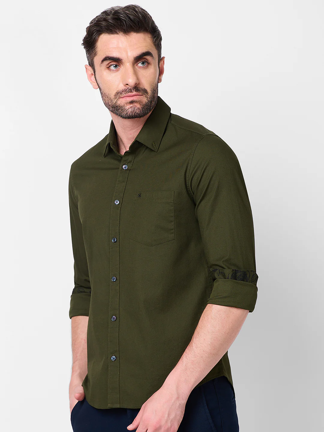 Full Sleeves Slim Fit Olive Dobby Structure Button-Down Solid Shirt - Image 6