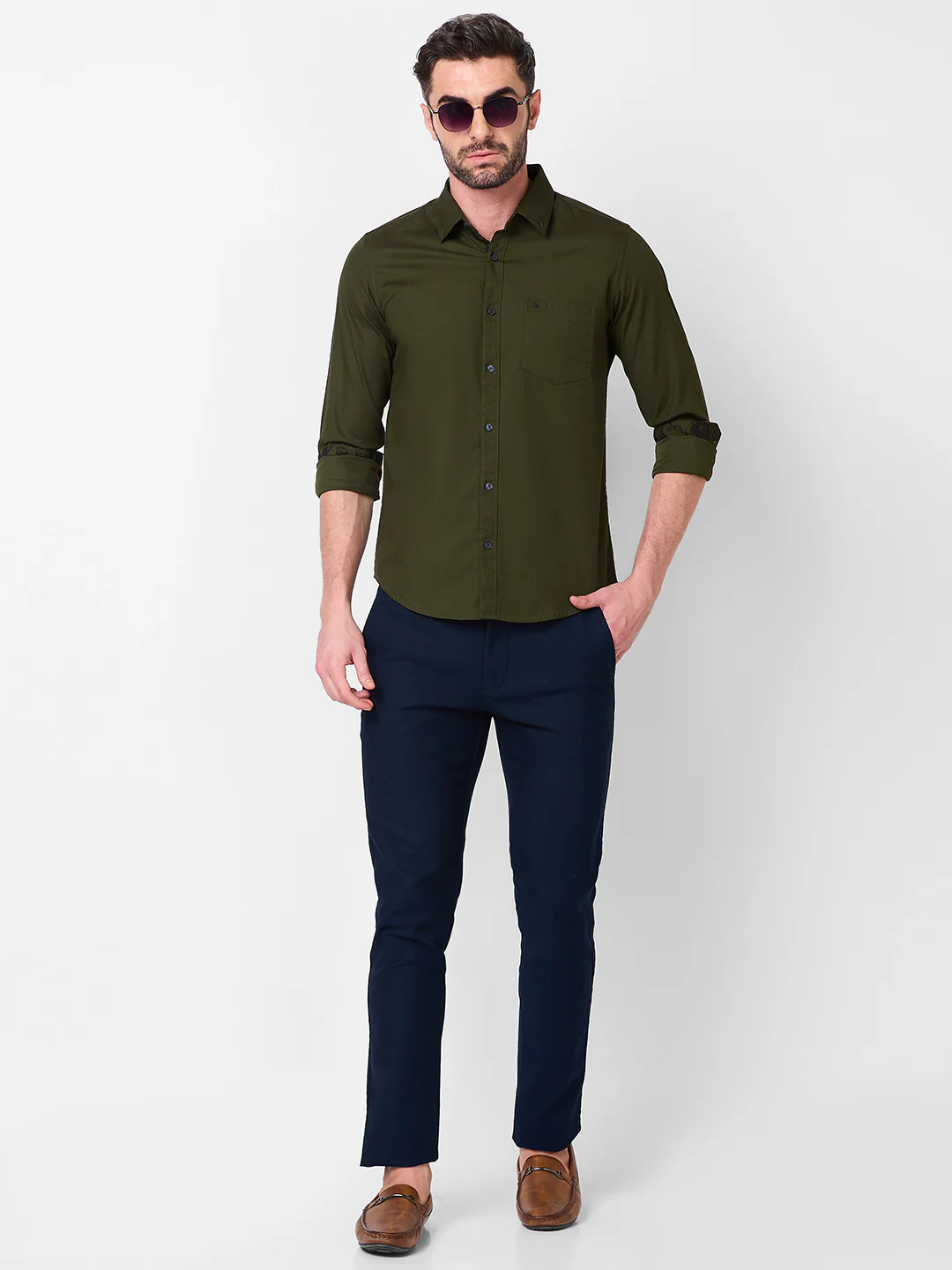 Full Sleeves Slim Fit Olive Dobby Structure Button-Down Solid Shirt - Image 8