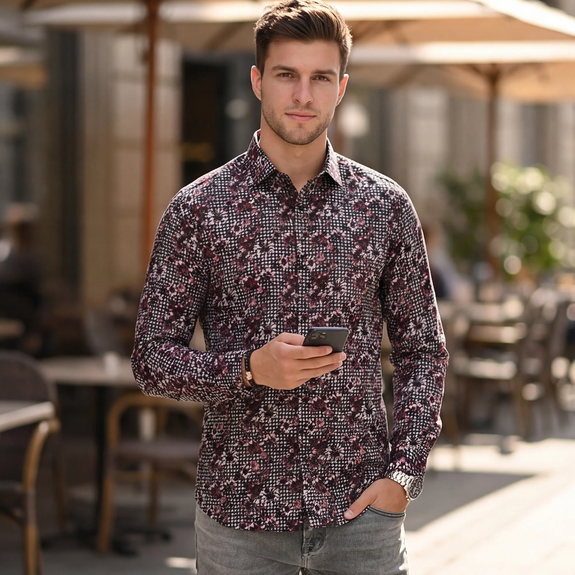 Full sleeves Slim Fit Onion Pink All-Over Houndstooth Floral Print Shirt - Image 2