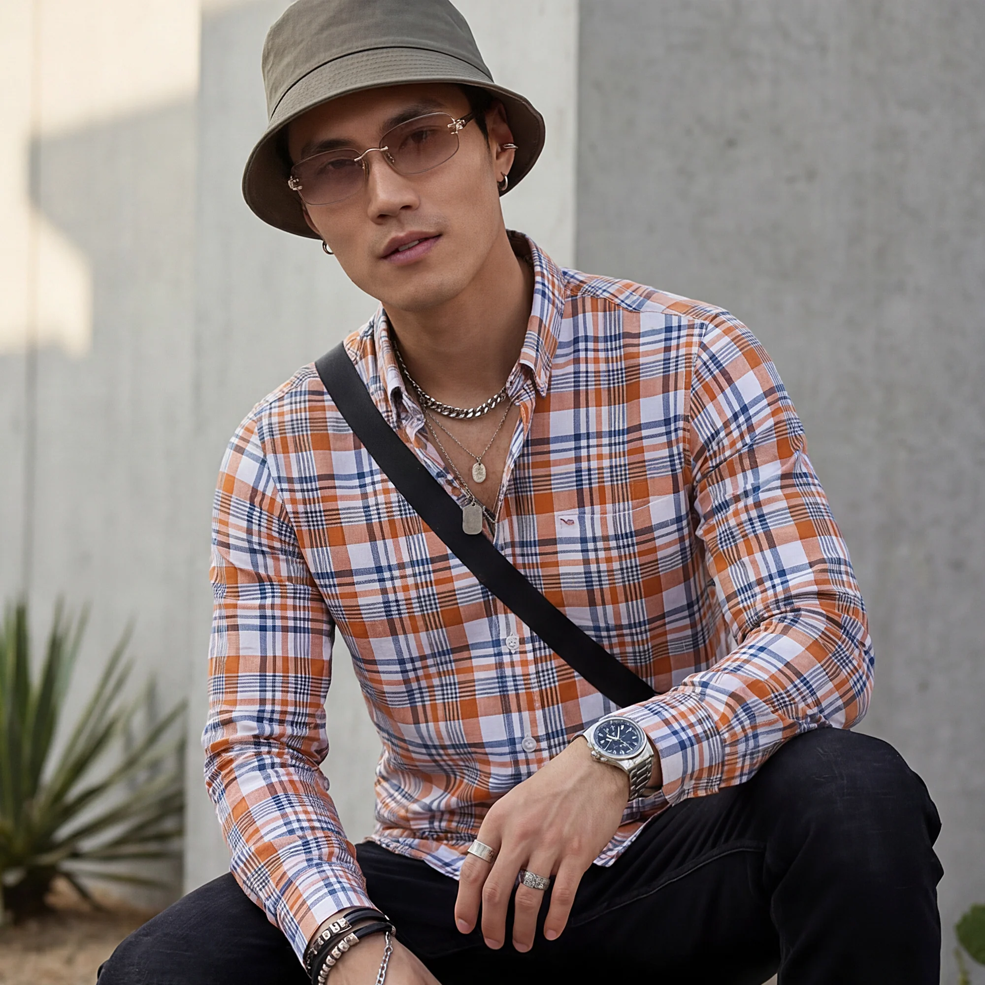 Full Sleeves Slim Fit Orange Button-Down Oxford Checks Shirt - Image 2