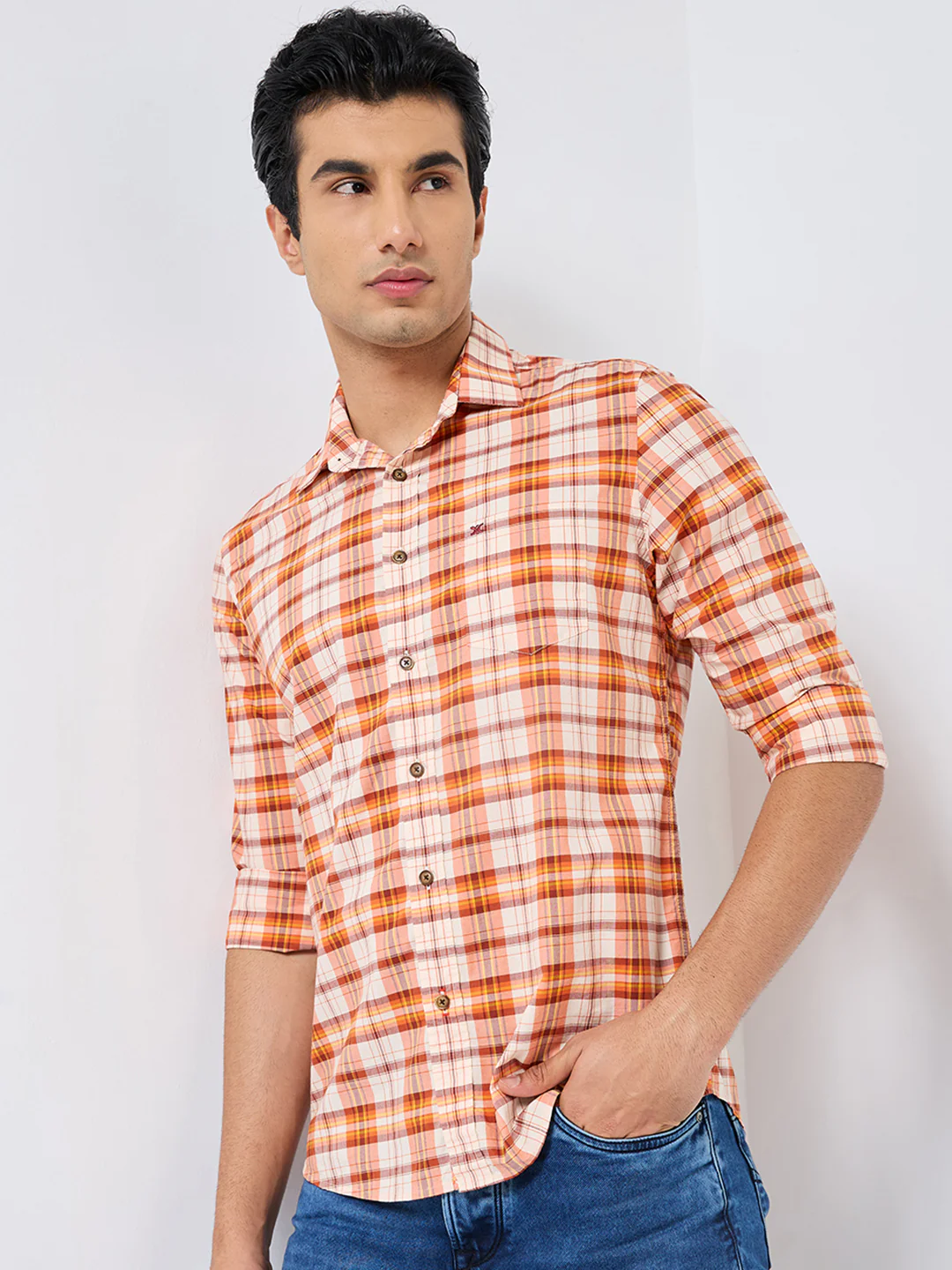 Full sleeves Slim Fit Orange Light Weight Checks Shirt - Image 5
