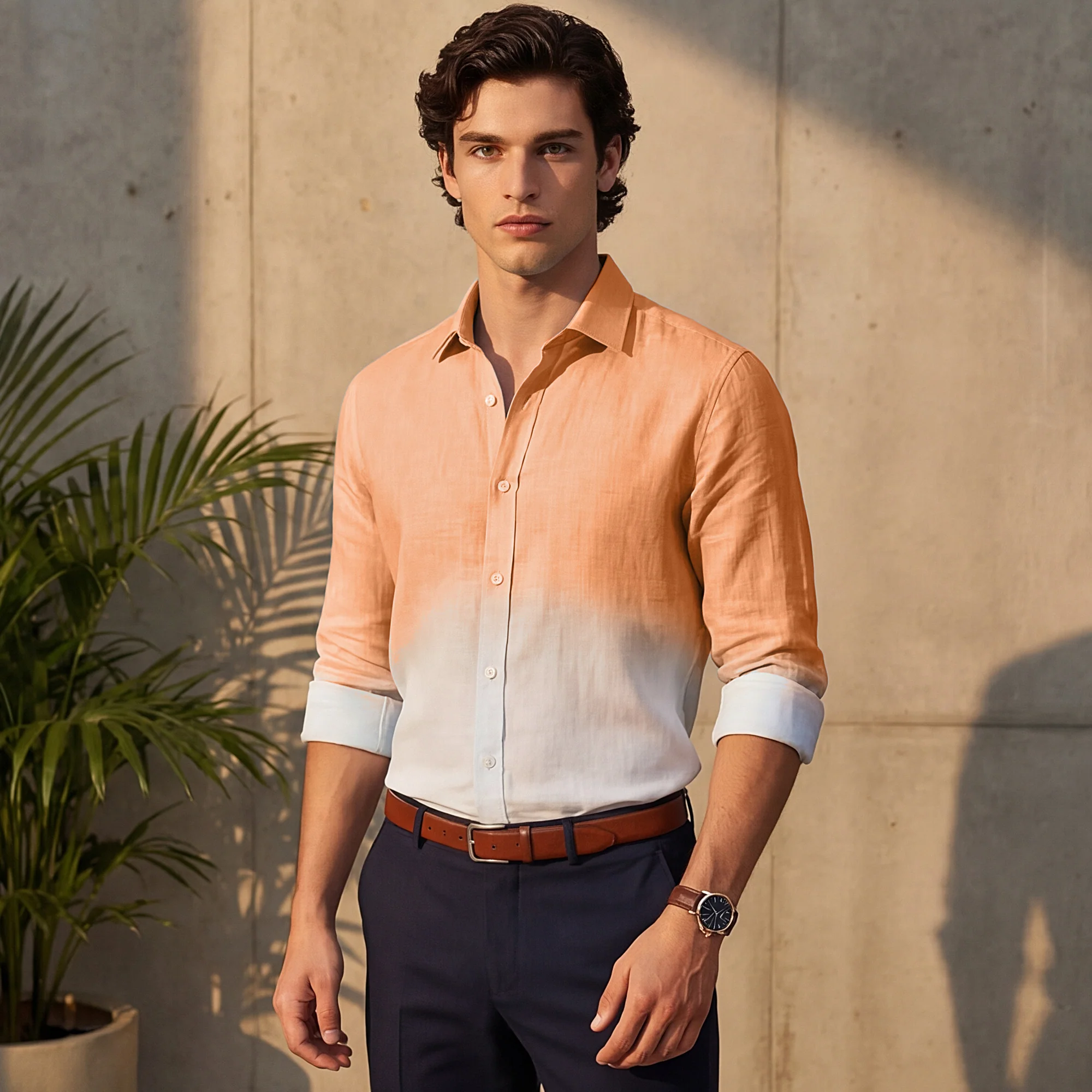 Full sleeves Slim Fit Peach Ombre Slub Print Shirt - Image 2